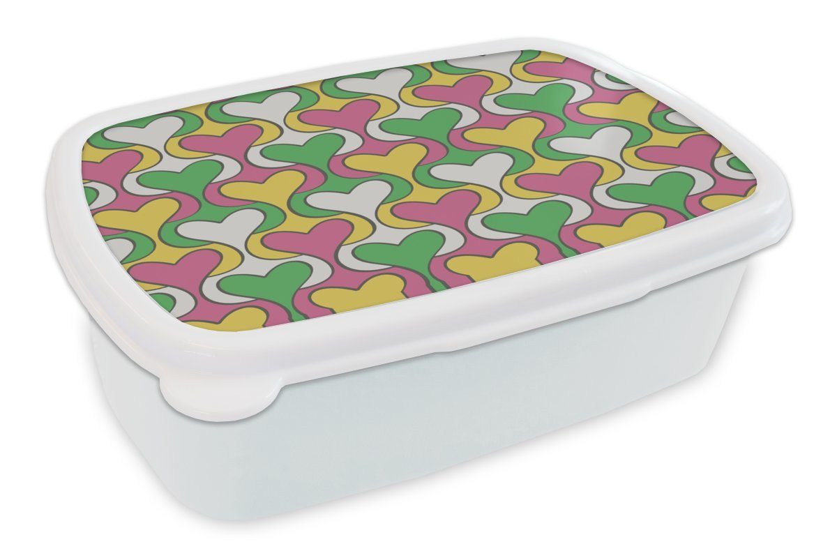 MuchoWow Lunchbox Herz - Retro - Muster, Kunststoff, (2-tlg), Brotbox für Kinder und Erwachsene, Brotdose, für Jungs und Mädchen weiß