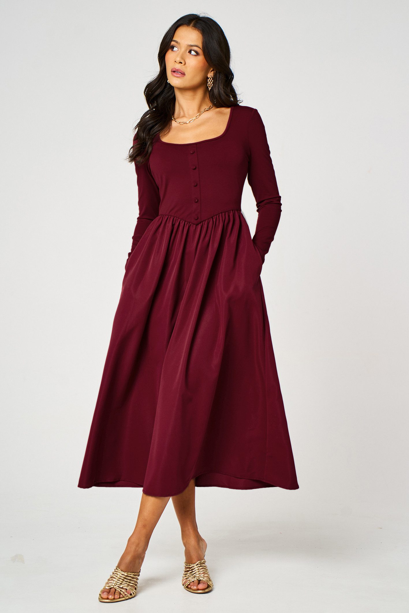 FS Collection Skaterkleid Midikleid Skaterkleid Freizeitkleid Knopfleiste Karree-Ausschnitt (XS (EU:36 / UK:8) · S (EU:38 / UK:10) · M (EU:40 / UK:12) · L (EU:42 / UK:14) · XL (EU:44 / UK:16)
