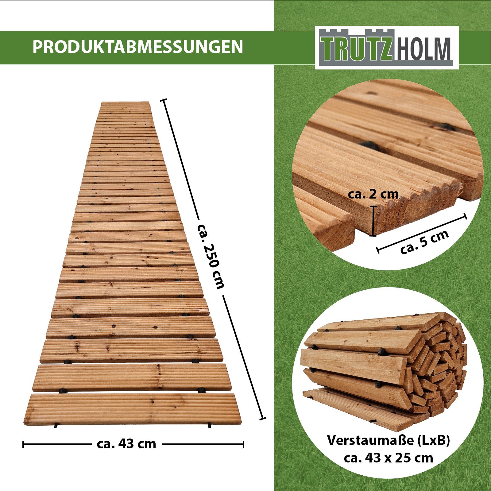 TRUTZHOLM Gartensteg Holzpfad ausrollbar 250x43x2 cm rustikales Tannenholz Anti-Rutsch – Bild 3 von 5
