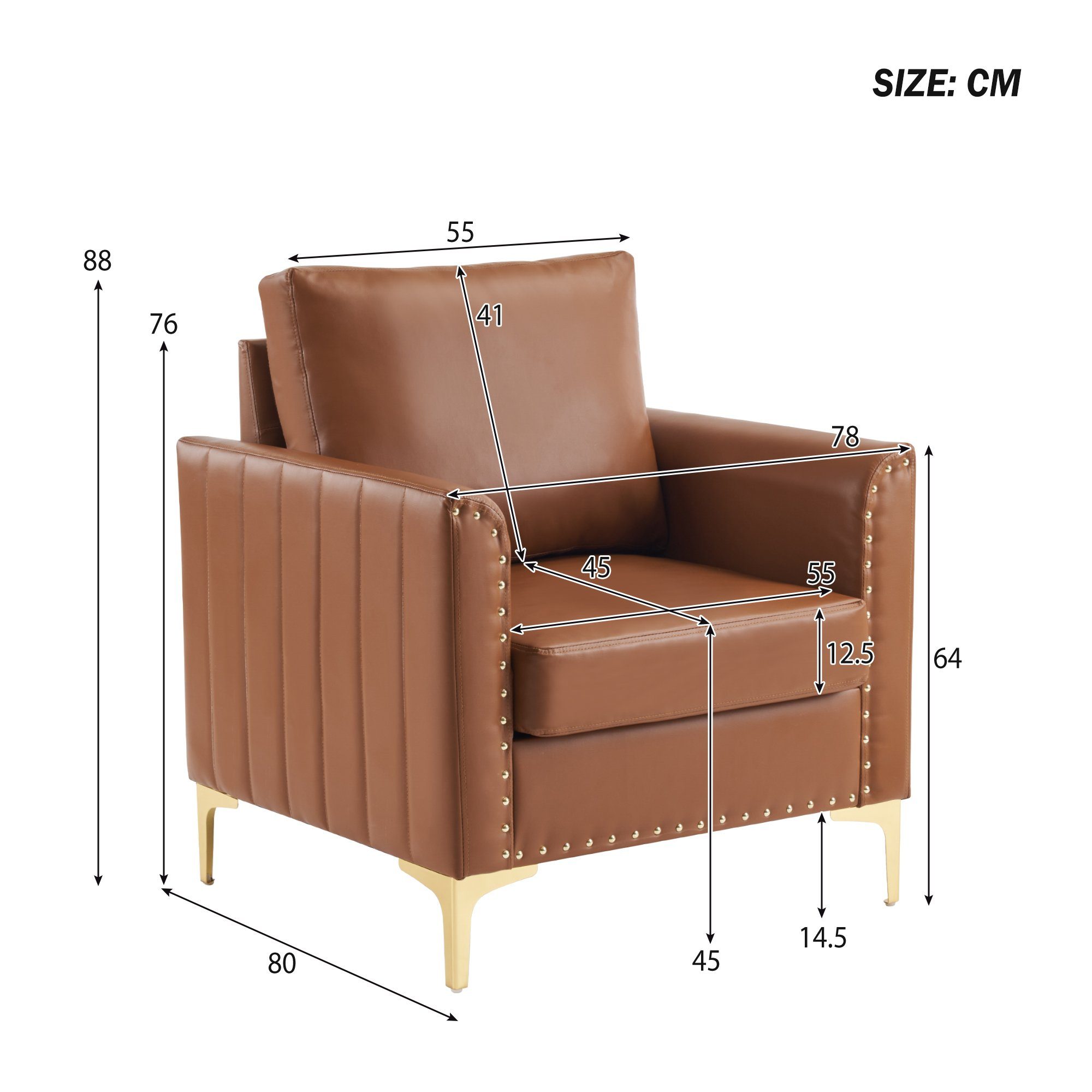 Einzelsofa, Kunstleder Sessel Relaxsessel, mit Bezug goldenen Relaxsessel Ruhesessel, Metallbeine, Merax Braun