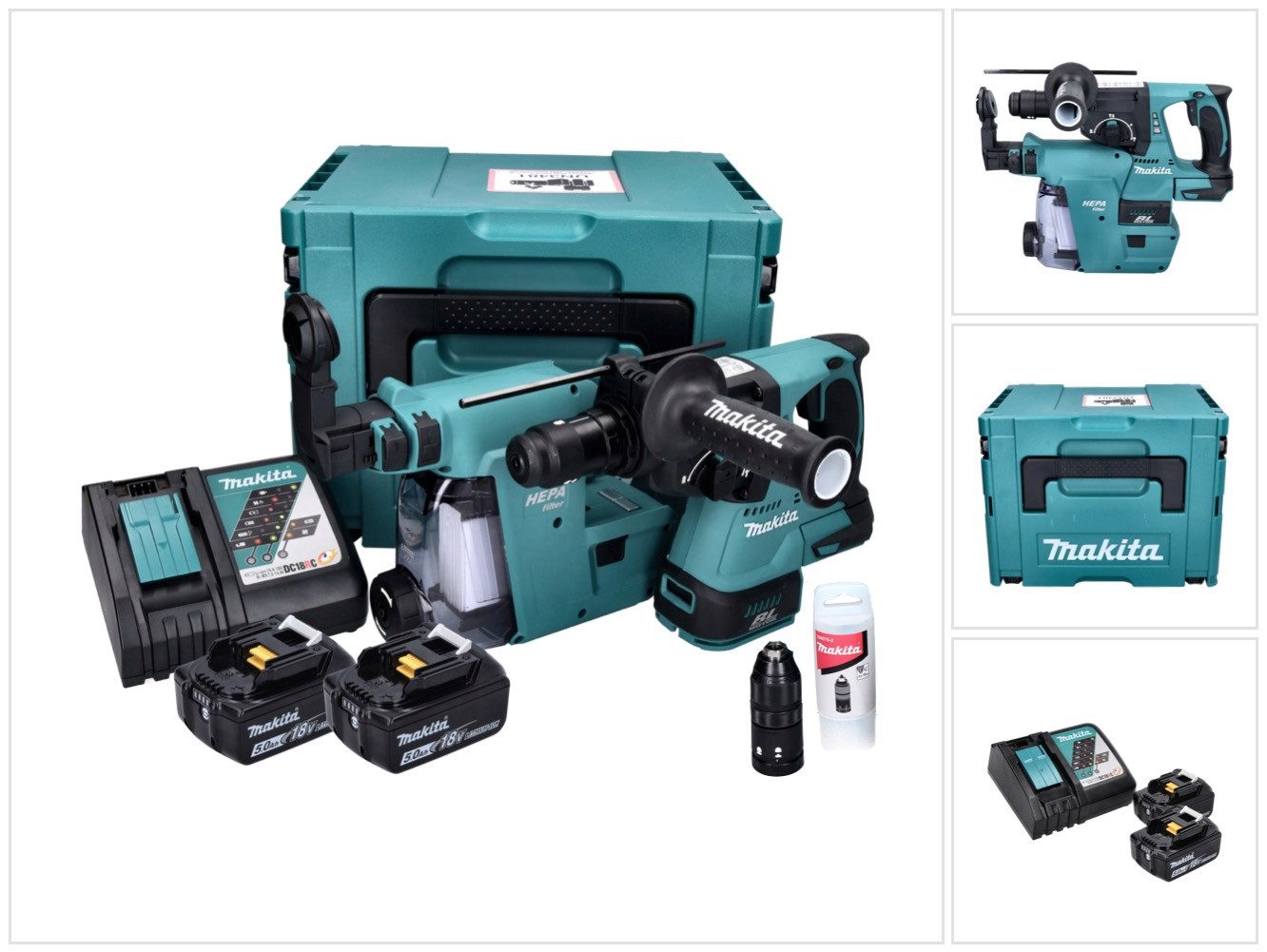 Makita Schlagbohrmaschine DHR 243 RTJW Akku Bohrhammer 18 V 2,0 J SDS plus Brushless + 2x Akku