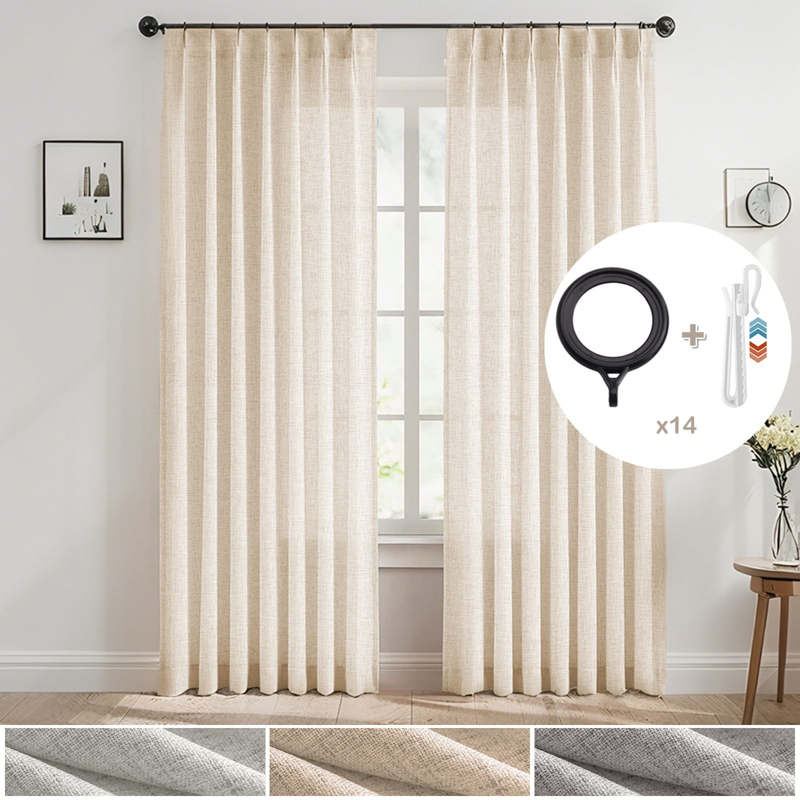 LMaxhome Vorhang Gardinen Leinenoptik 2er Set, Faltenvorhänge mit Haken & Ringen, blickdicht, 102 x 213–274 cm, 180 g/m², für Wohnzimmer, Büro & Schlafraum