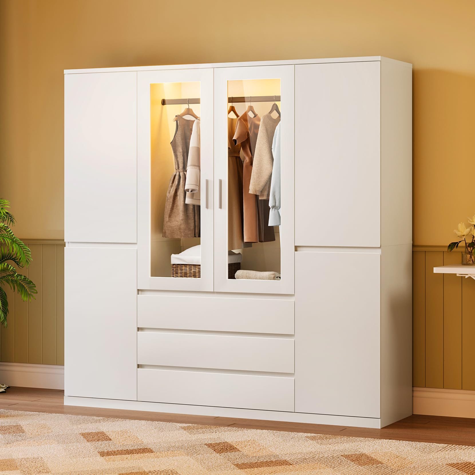 Dripex Kleiderschrank Großer Kleiderschrank Weiß Acryl 4-türig, 3 Schubl., LED-120x48x180 cm