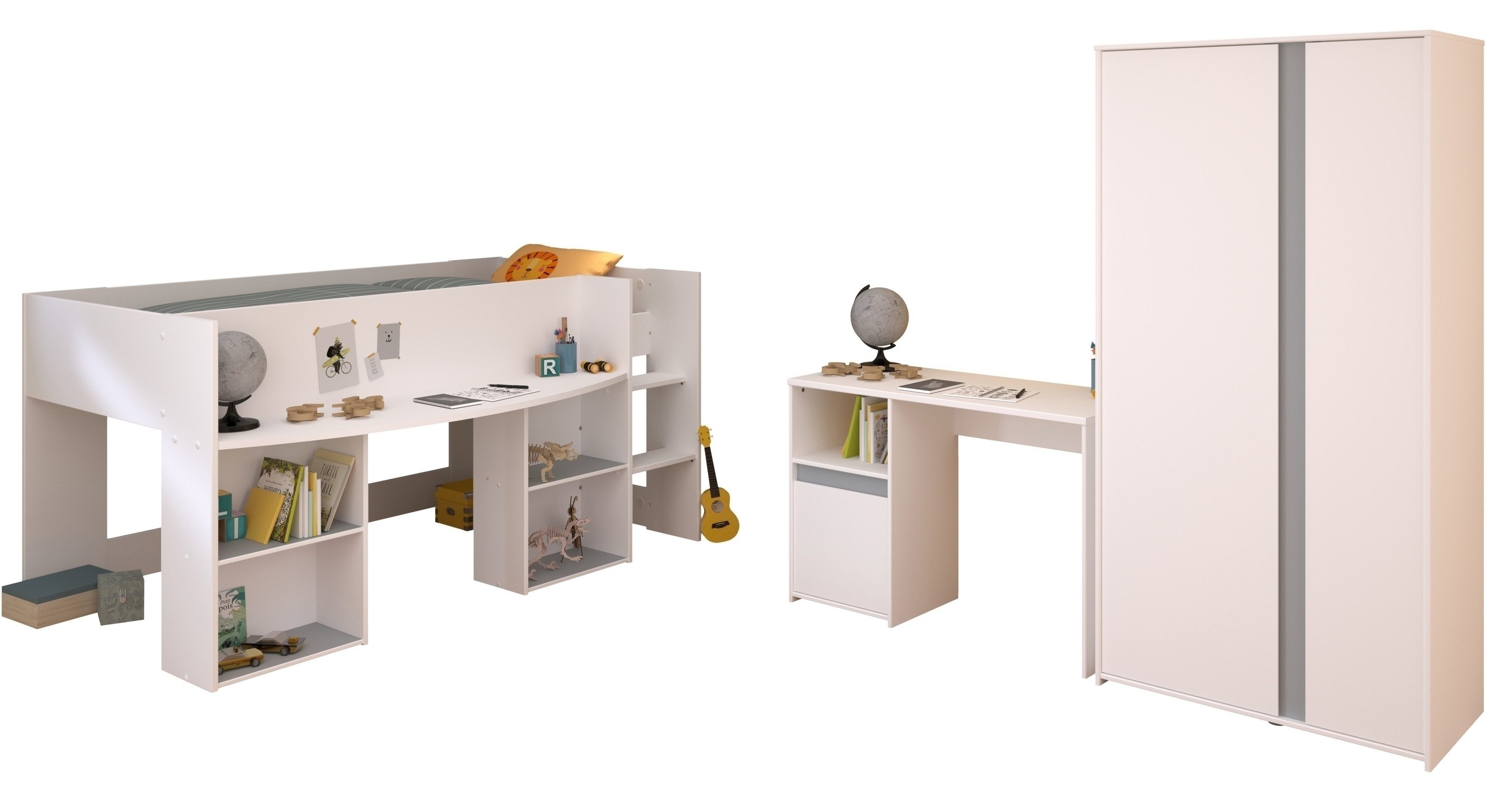 Parisot Jugendzimmer-Set Pirouette 13, (3-teilig) Weiss / Rose oder grau, Hochbett, Schrank, Schrhreibtisch