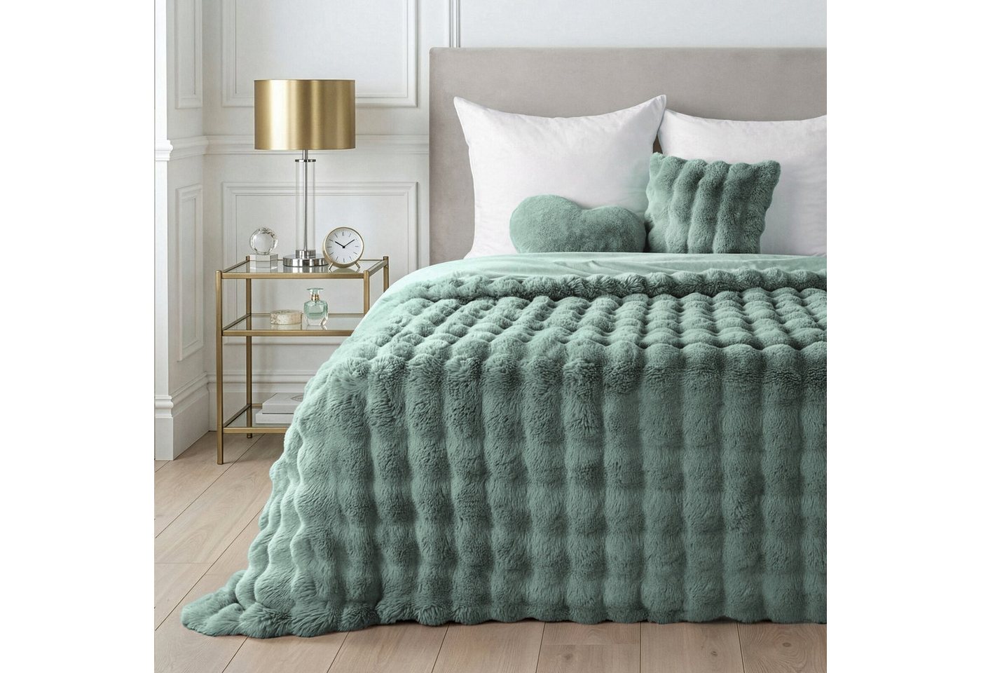 Eurofirany Bettüberwurf Weiche Tagesdecke mit Fellstruktur, 3D-Muster, 200x220 cm, schwer & warm
