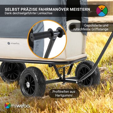 miweba Bollerwagen Holz-Bollerwagen Canvas - abnehmbares Dach UPF 40 - 180 Kg Traglast (deichselgeführte Lenkachse - Stahl - witterungsbeständig, 2-tlg., 75 Liter Fassungsvermögen - abnehmbare Bordwände - Profilreifen), Transportkarre Handwagen Transportwagen Gartenwagen - Anhänger