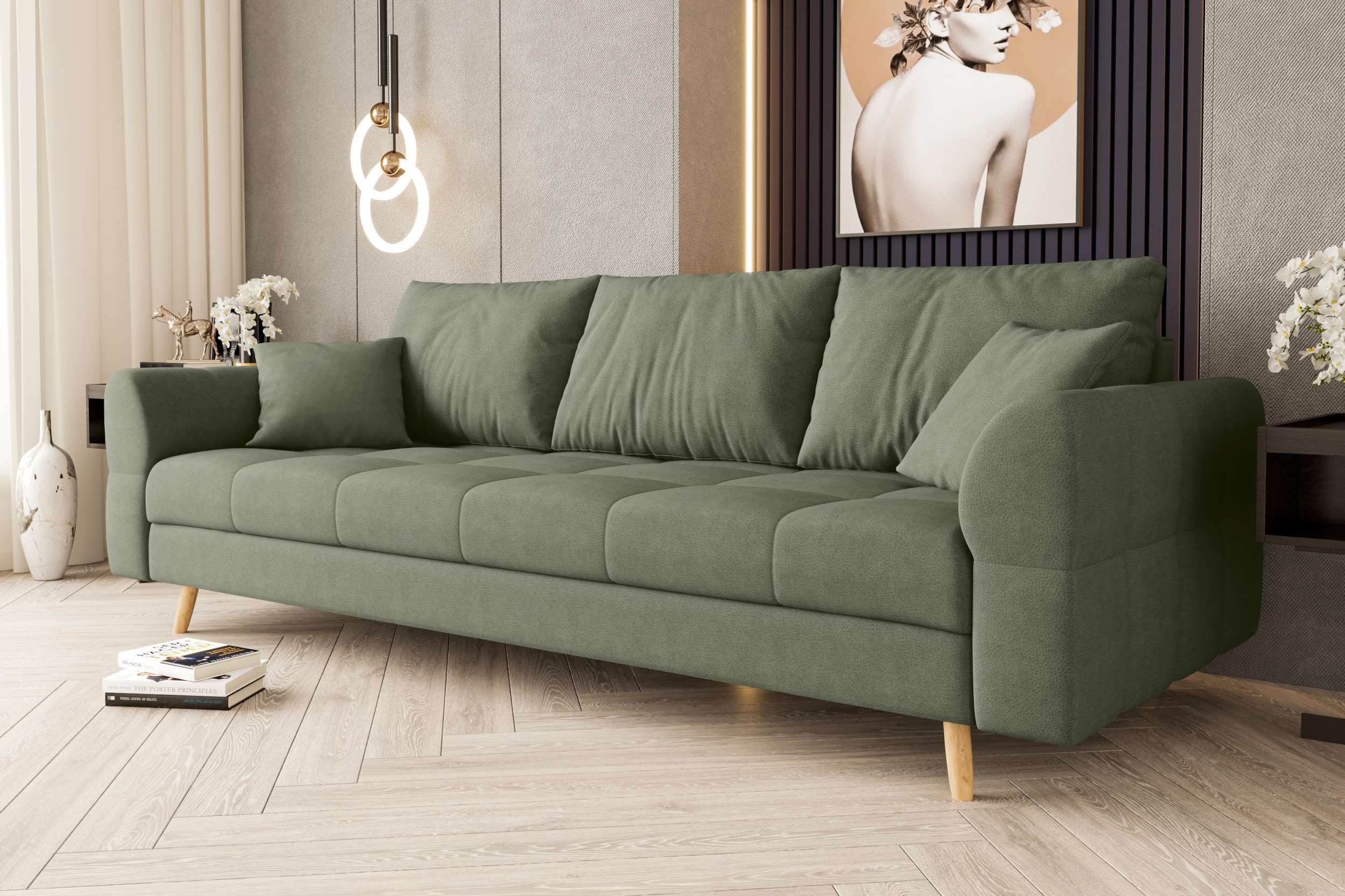 99rooms 3-Sitzer Bello, Sofa, 3-Sitzer Sofa, mit Rundumbezug, 2 Zier- und 3 Rückenkissen, hellbraune Holzfüße