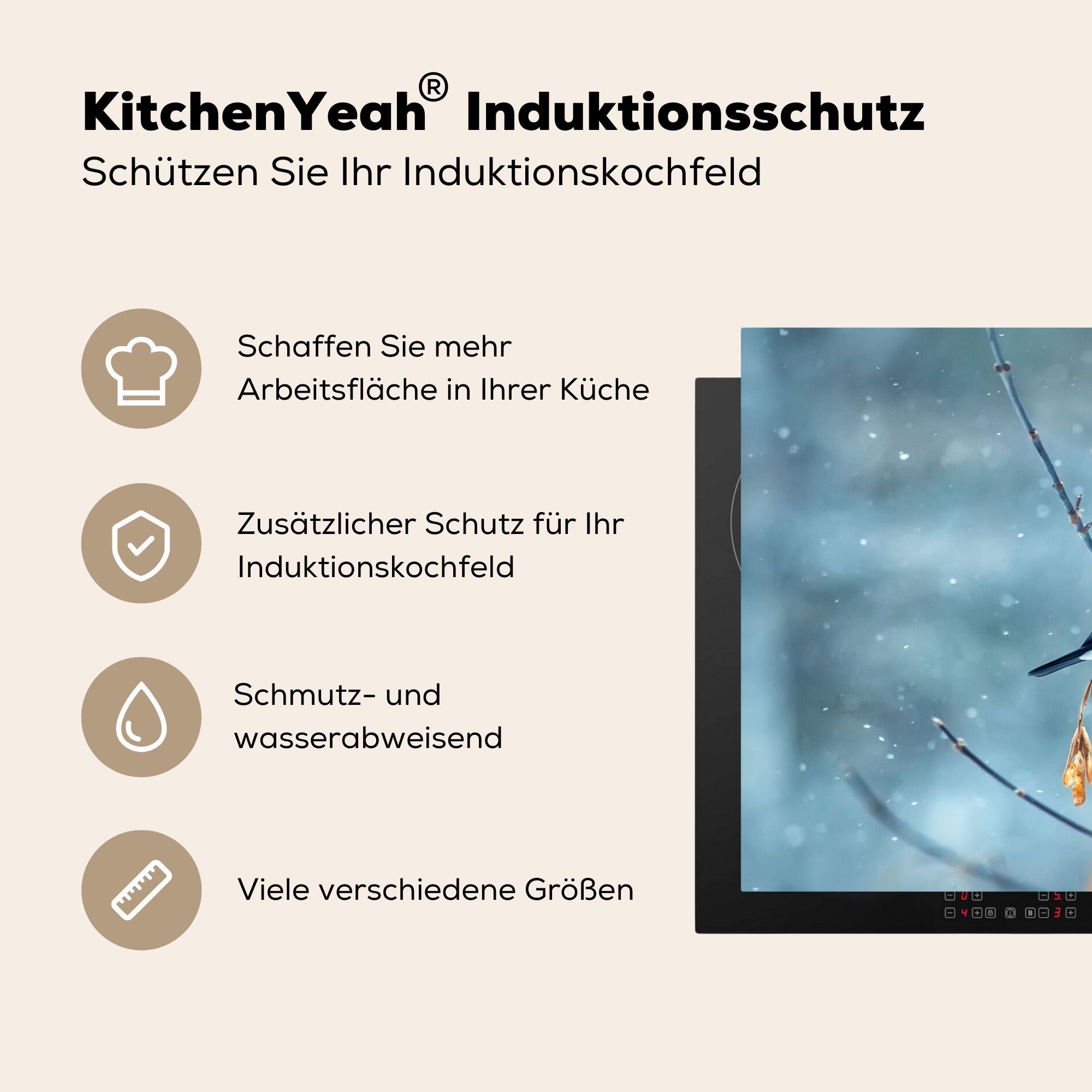 MuchoWow cm, Rotkehlchen Vogel tlg), 81x52 für Arbeitsplatte Blätter, Schnee - Vinyl, Herdblende-/Abdeckplatte - Herbstliche küche (1 - Ceranfeldabdeckung,