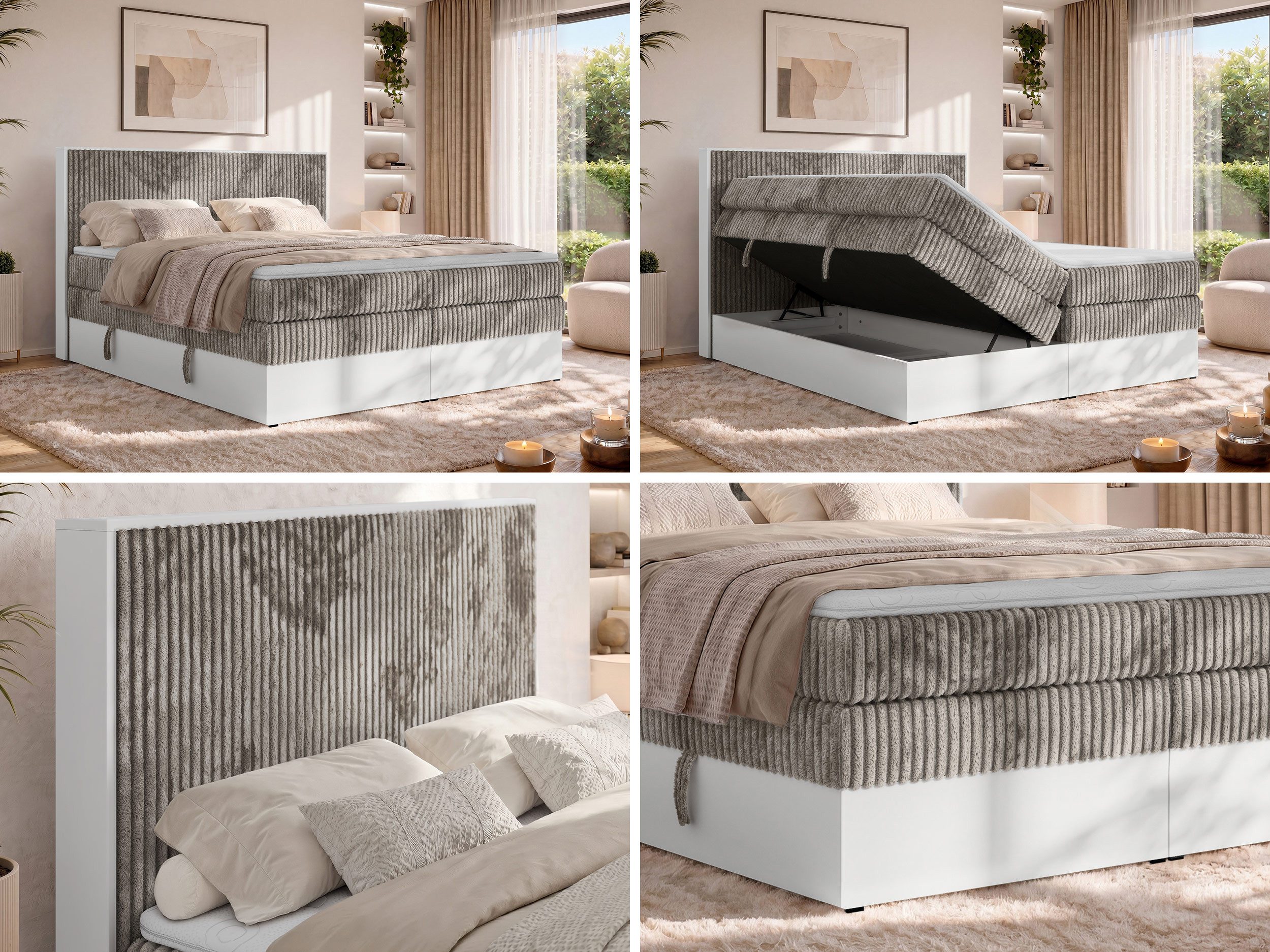 MKS MÖBEL Boxspringbett TRAVIT KING (mit Stauraum, Set, inkl. 2 Multipocket Matratzen und Topper (T25/Visco), Cord-Bezug), weiße Deko-Möbelplattenelementen, H3/H4, 140x200–200x200