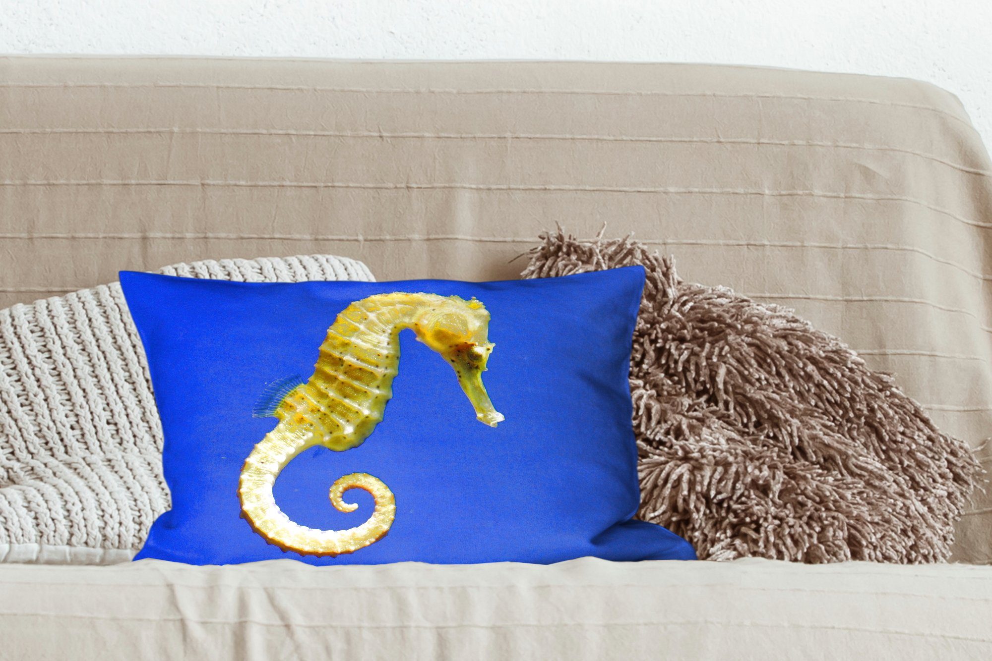 Schlafzimmer Füllung, mit MuchoWow blauem Hintergrund, Zierkissen, Ein Wohzimmer gelbes auf Seepferdchen Dekoration, Dekokissen Dekokissen