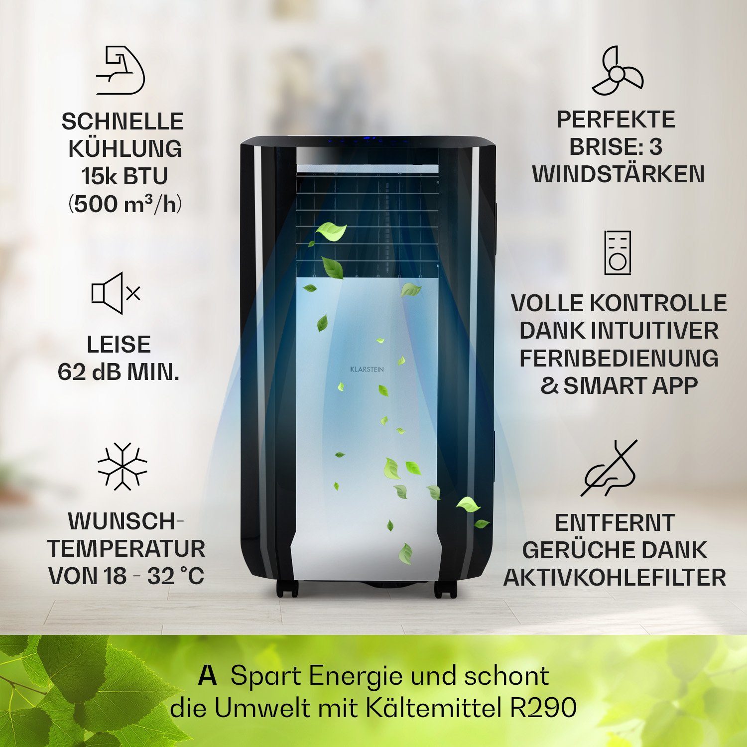 Smart, Klarstein Kühlgerät Schwarz Conditioner Air Breeze Max mobil Klimagerät Luftkühler Klimagerät