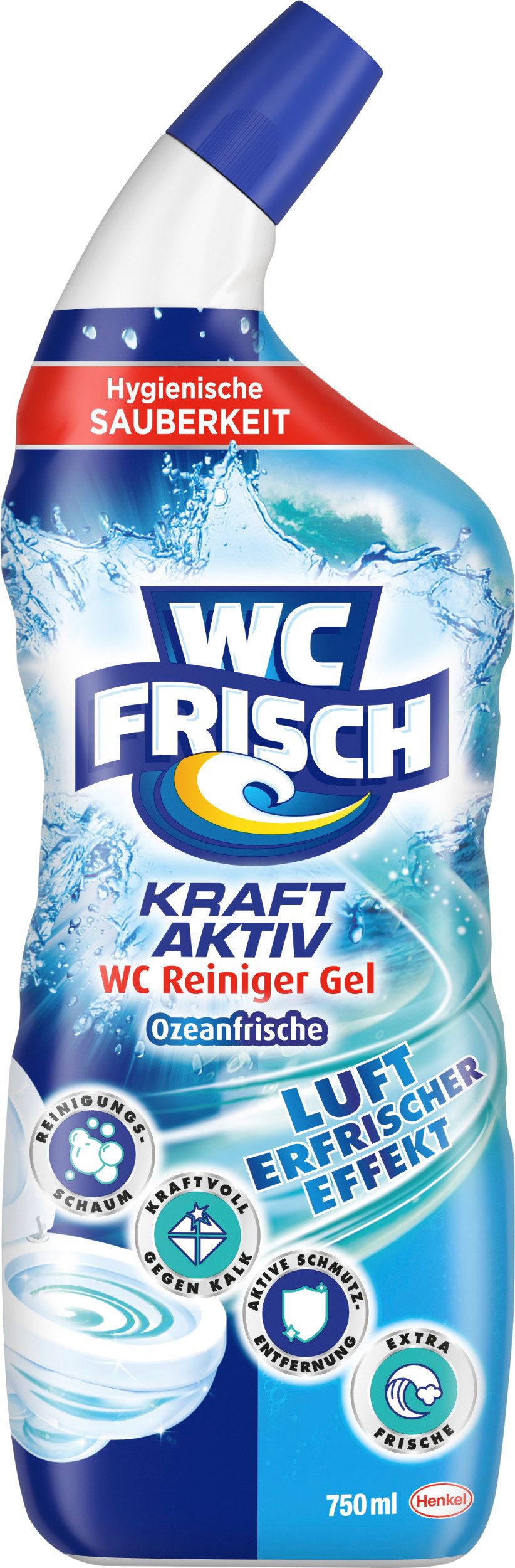 WC Frisch Gel Ozeanfrische (1x 750 ml) WC-Reiniger (1-St. mit Lufterfrischer-Effekt, für hygienische Frische mit 4-fach Aktivstoff-Kombination)