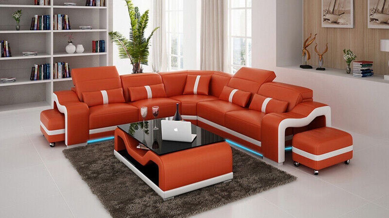 JVmoebel Ecksofa Ledersofa Couch Modern Wohnlandschaft Sofa Eck Orange USB Ecksofa Garnitur