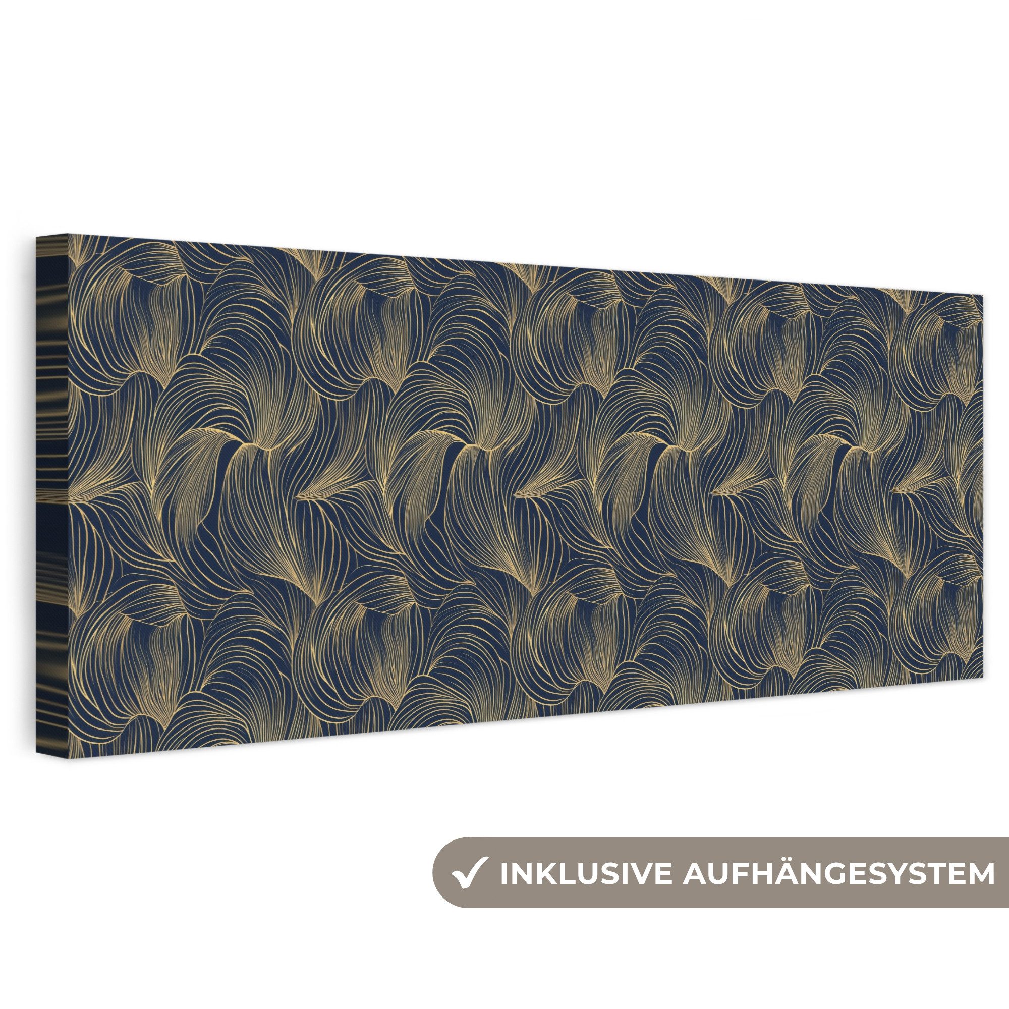 OneMillionCanvasses® Leinwandbild Panorama Abstrakt - Linien - Blau - Gold, Fotodruck (1 St), Wandbild, Deko Schlafzimmer Wohnzimmer Flur 60x20 cm