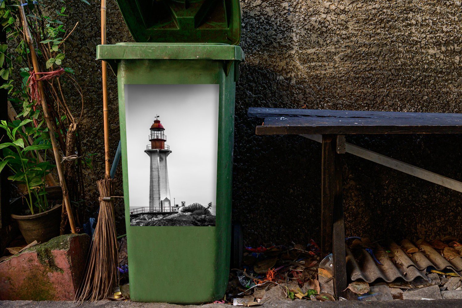 MuchoWow (1 eines Vancouver Sticker, im Container, Mülleimer-aufkleber, St), von Leuchtturms Westen Abfalbehälter Mülltonne, Schwarz-Weiß-Foto Wandsticker