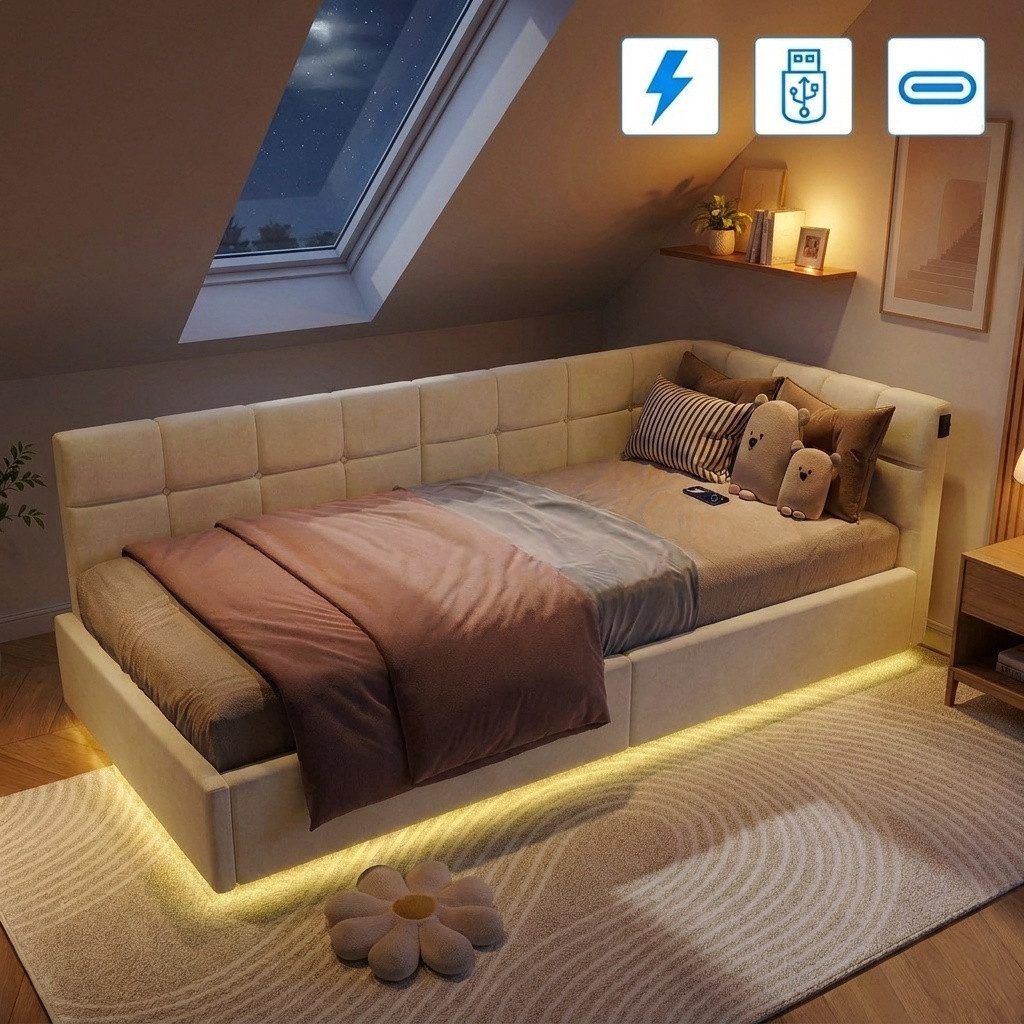 PXloue Polsterbett Schlafsofa Daybett (hydraulischem Stauraum), LED-Beleuchtung Einzelbett 90x200cm mit Ladefunktion