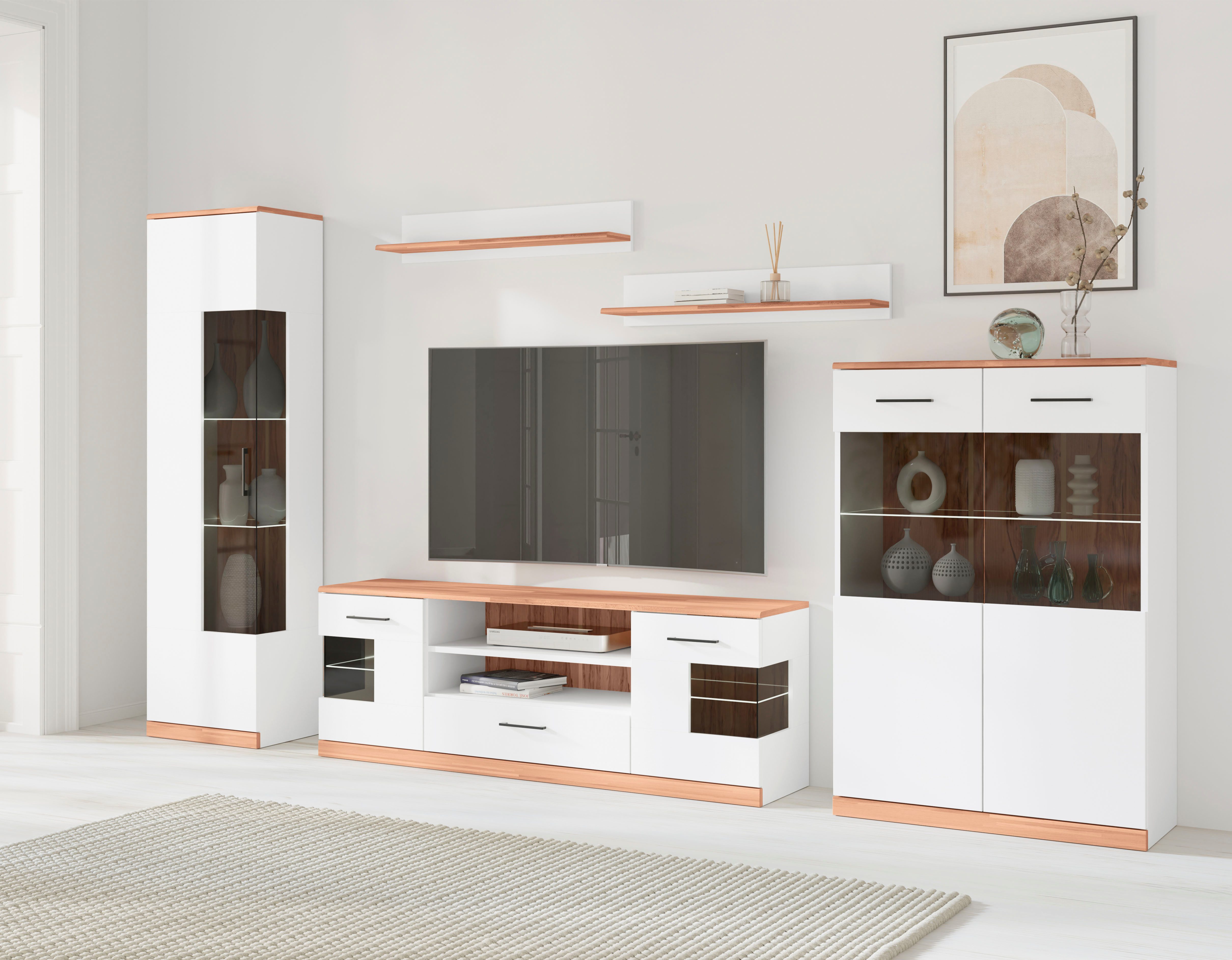 OTTO home Wohnwand Ribe: 5teilig, Breite: 300cm,Fronten aus Massivholz,Korpus aus Melamin, (Set, 5-St), B/T/H:300/35/180cm, Einlegeböden teilweise verstellbar