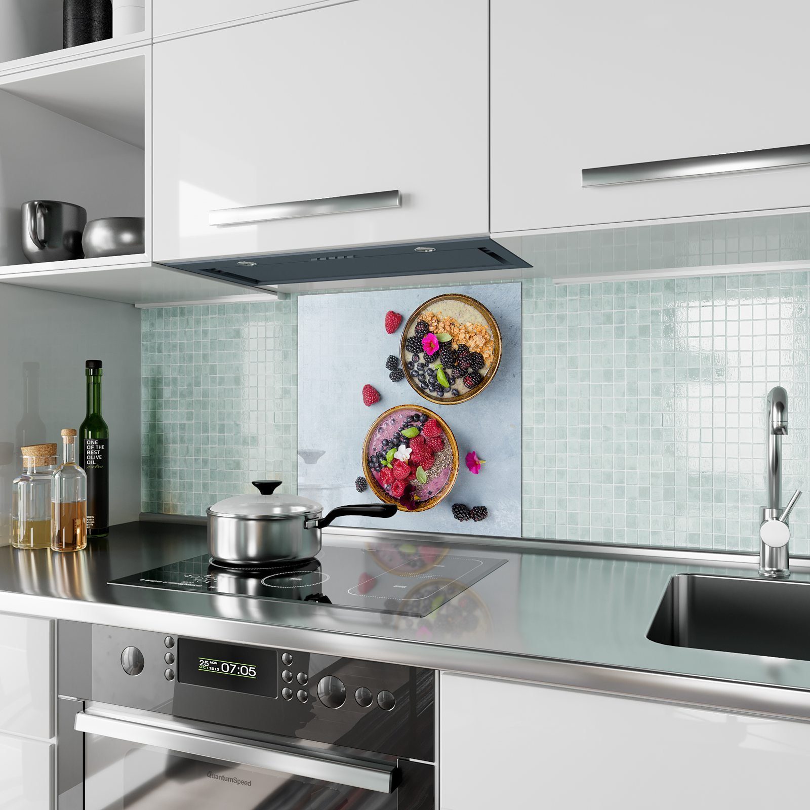 Küchenrückwand Spritzschutz Zweierlei Primedeco Motiv Müsli Küchenrückwand mit Glas