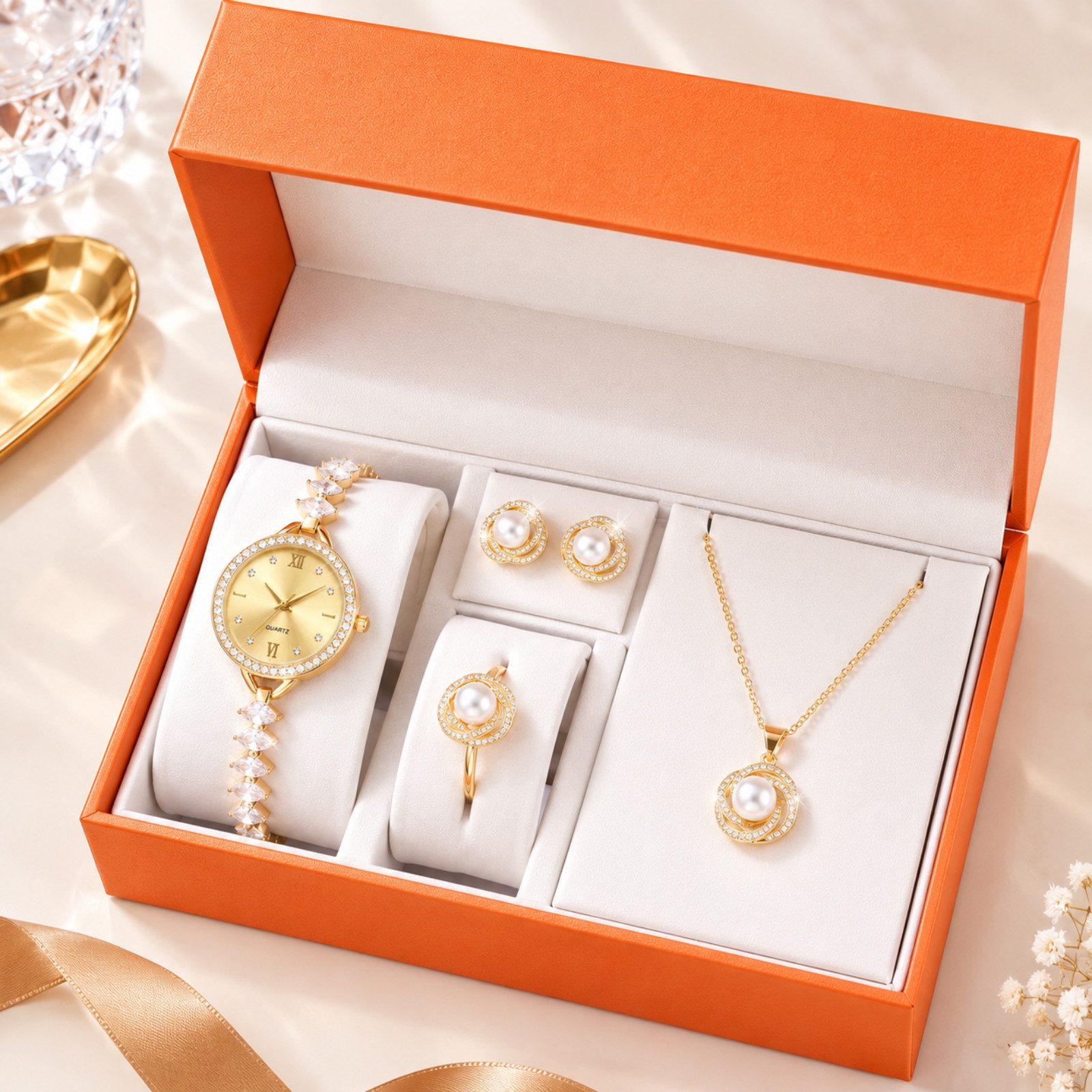 Luckice Quarzuhr Geschenk für Frauen,Damenuhr Schmuck Set für Frauen, (Quarz Armbanduhr mit Halskette, Ohrringen, Ring, Bandkürzer & Geschenkbox, Elegantes Damen Schmuckset, Geburtstagsgeschenk Weihnachtsgeschenk für Frauen, Perfektes Geschenk für Sie, Damen Geschenkset)