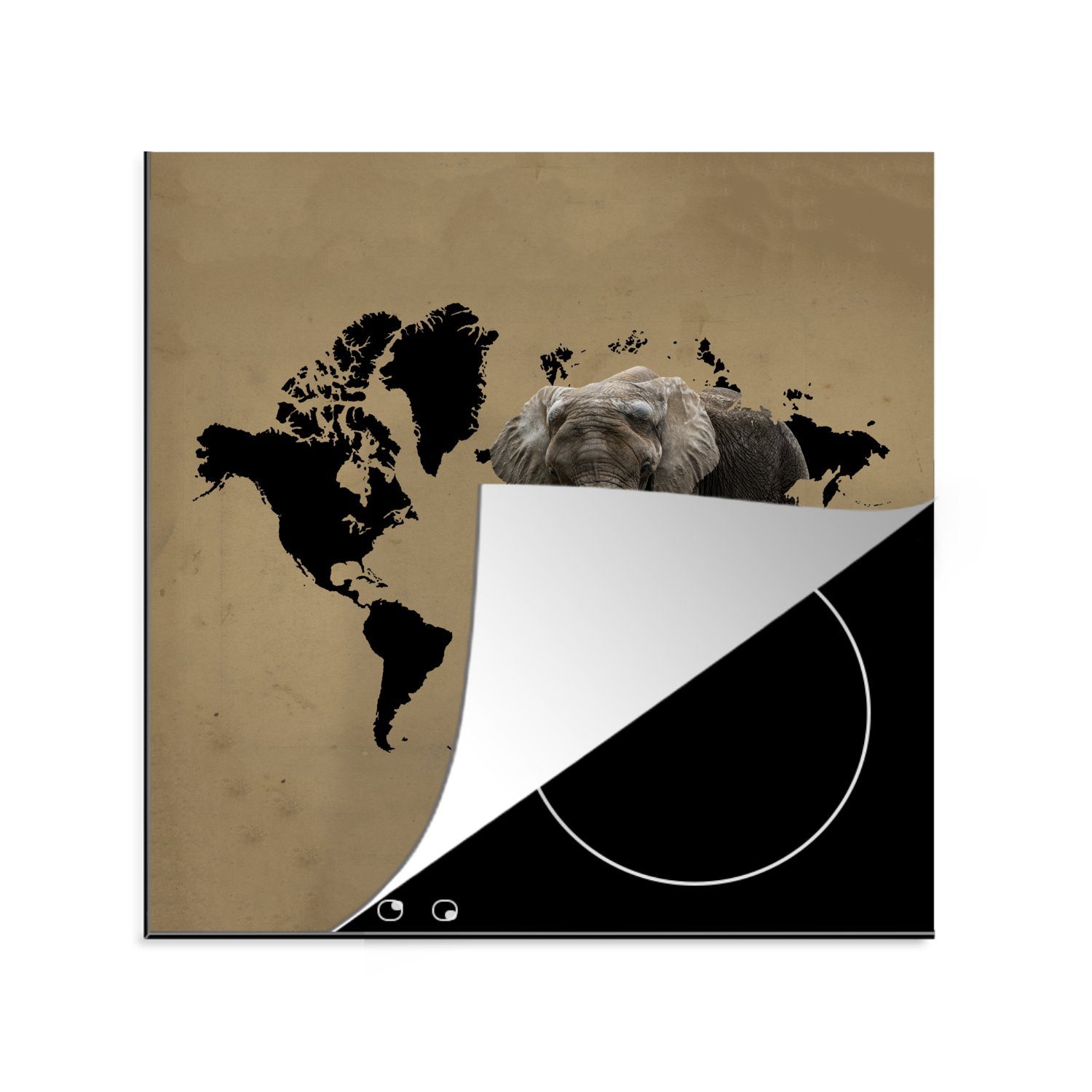 MuchoWow Herdblende-/Abdeckplatte Weltkarte - Elefant - Braun, Vinyl, (1 tlg), 78x78 cm, Ceranfeldabdeckung, Arbeitsplatte für küche