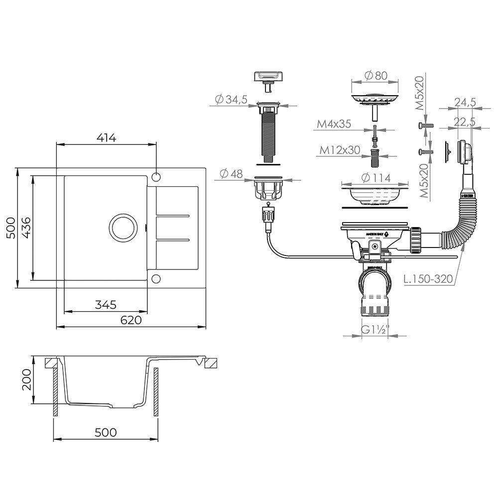 Bergstroem Granitspüle Rom, Beton, 62 x 50 cm, Rechteckig, 62/50 cm, (1 St)