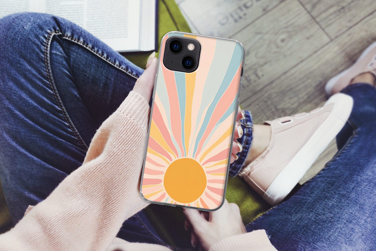 MuchoWow Handyhülle für Apple iPhone 13 Illustration - Sonne - Pastellfarben, Smartphone-Bumper, Print, Handy Schutzhülle Dünn