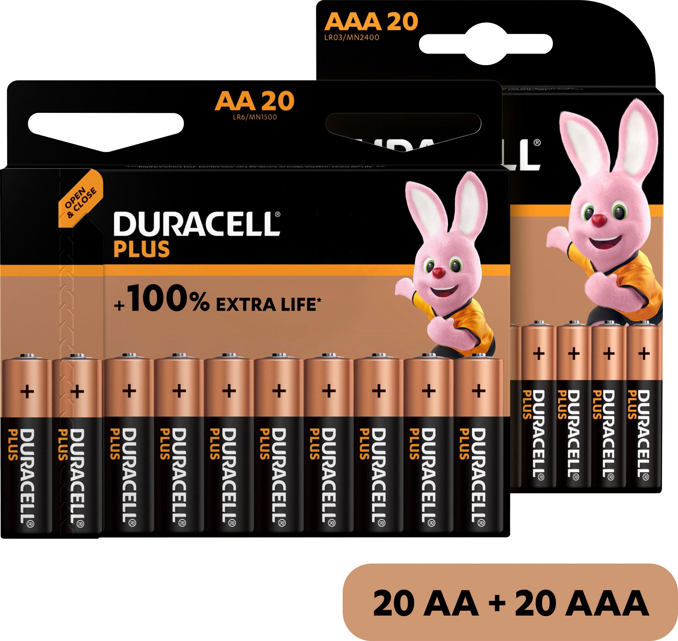 Duracell 20+ 20 Pack: 20x Mignon/AA/LR06 + 20x Micro/AAA/LR03 Batterie, LR03 (1,5 V, 40 St), 1,5V