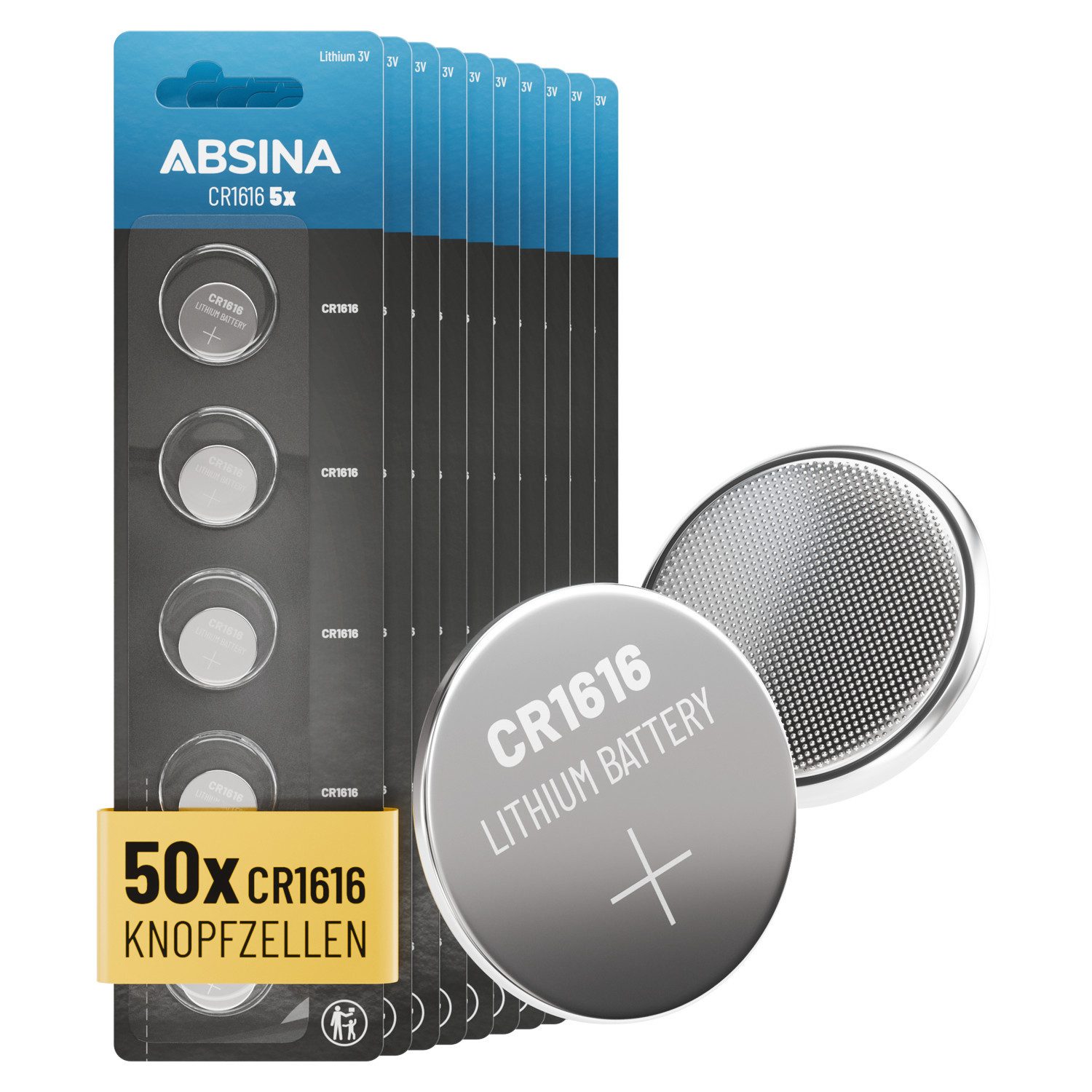ABSINA 50x CR1616 3V Lithium Knopfzelle - Batterie CR 1616, CR1616 Batterie Knopfzelle, (50 St)