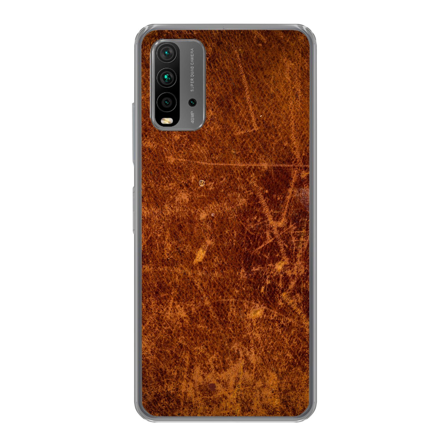 MuchoWow Handyhülle für Xiaomi Redmi 9T Leder - Lederoptik - Braun - Orange, Phone Case, Silikon, Schutzhülle Dünn