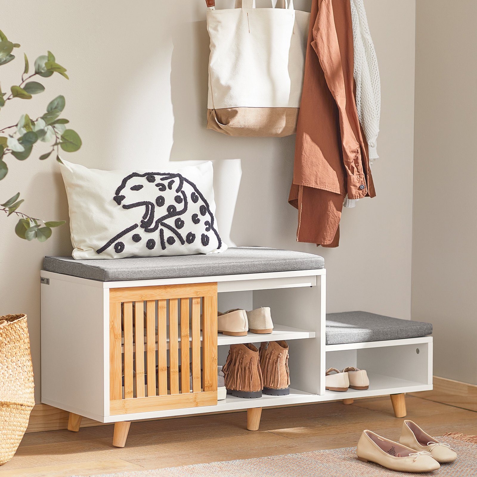 SoBuy Schuhbank FSR125, mit 2 Sitzflächen und 1 Schiebetür Sitzbank mit Stauraum
