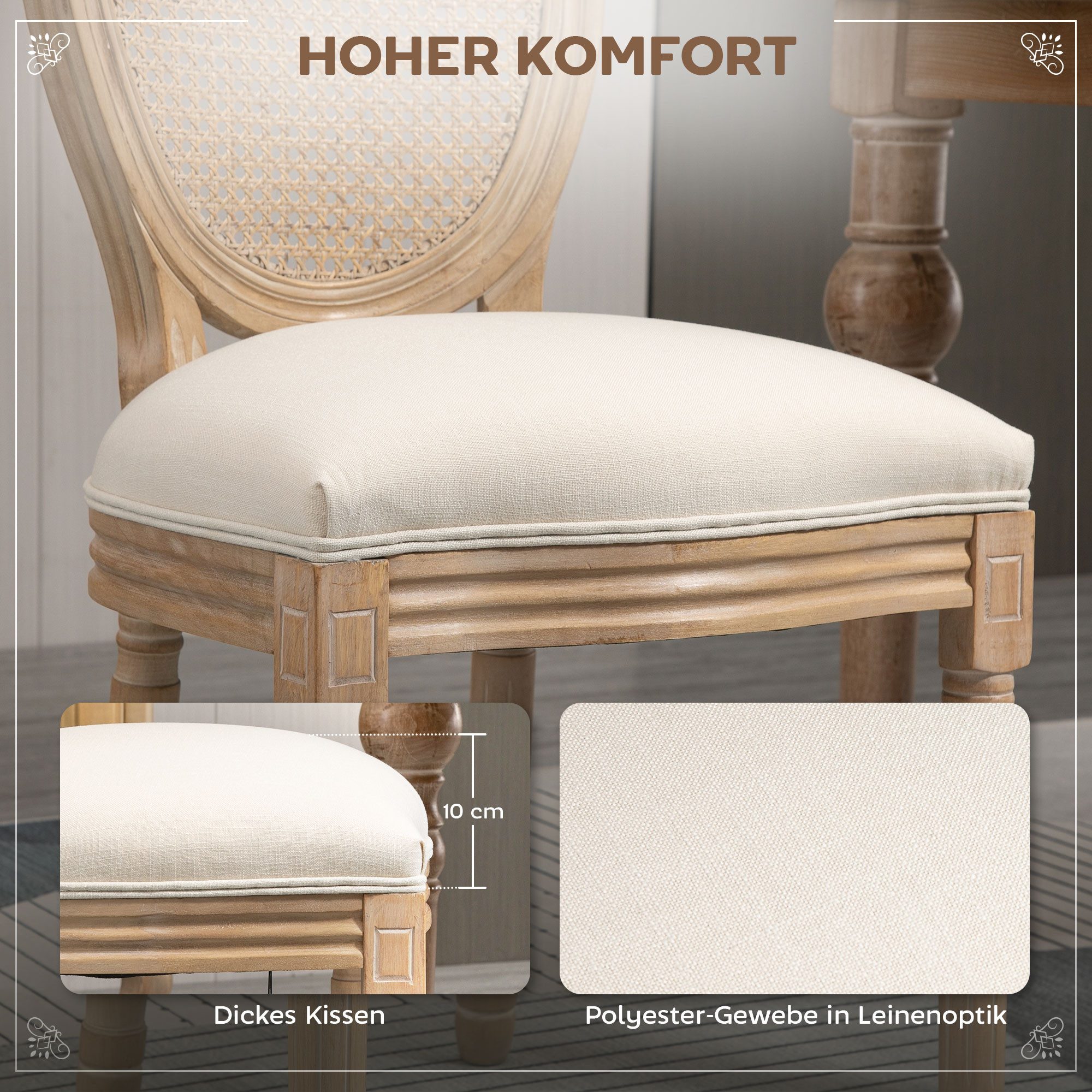 HOMCOM Esszimmerstuhl Küchenstuhl mit Rattan-Rückenlehne, Leinenoptik, Sessel, Stühle (Gepolsterter Polsterstuhl, 2 St), im Französischen Stil, für Wohnzimmer,  – Bild 5 von 5