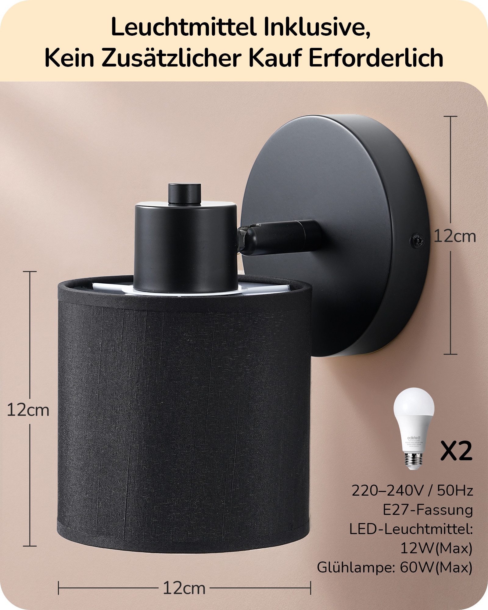 EDISHINE Wandleuchte 2er Set moderner Innen-Wandleuchten, LED wechselbar, 3000K-6500K, Stufenlos dimmbar, 3 Lichtfarben, inkl. Glühbirnen und Fernbedienung – Bild 5 von 5