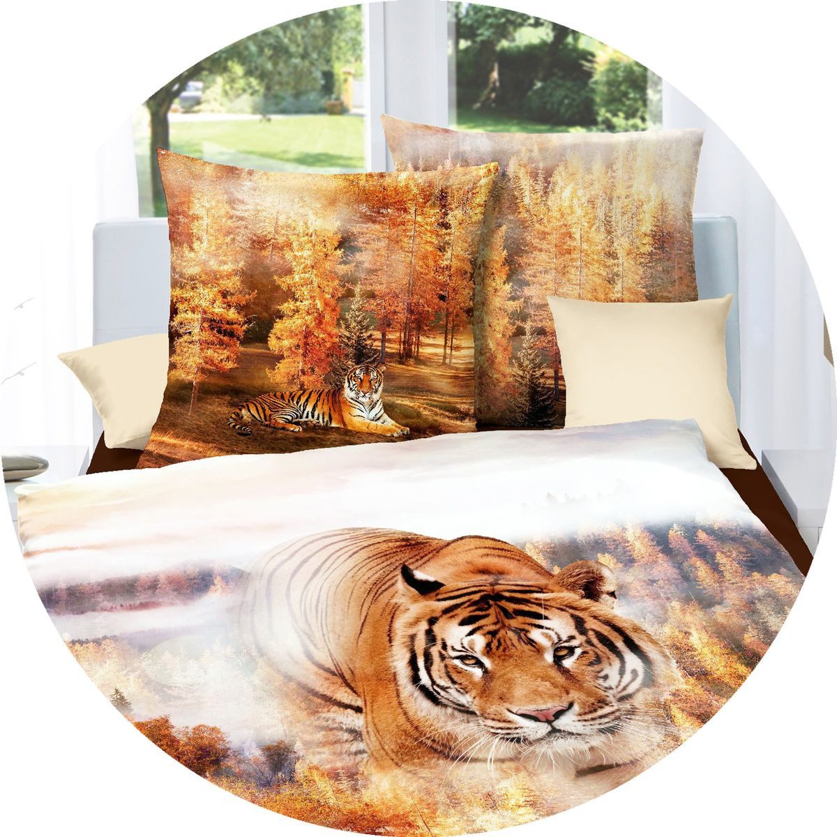 JACK Bettwäsche Tiger Raubkatze Wald Kaeppel, Satin, 2 teilig, hochwertiger Digitaldruck mit einem eleganten Tigermotiv, Baumwolle