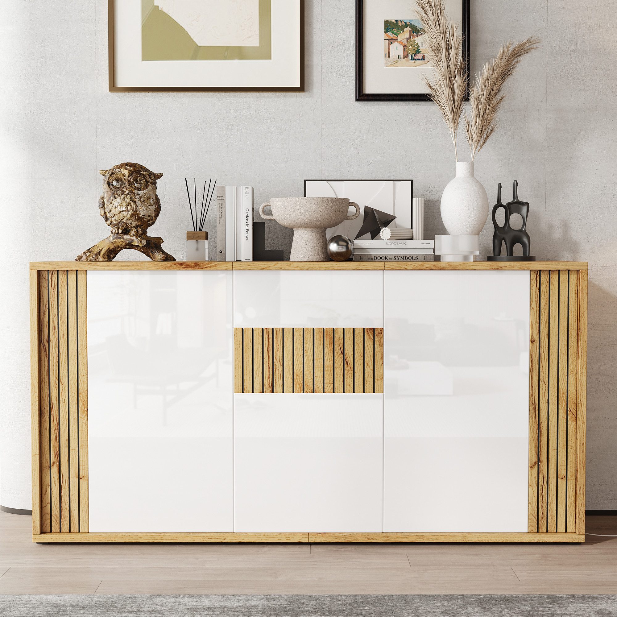 Merax Sideboard mit 3 Türen, 6 Staufächern, Stauraum & Hochglanzfront (140 L x 35 B x 71 H cm, 1 St), Kommode mit Push-to-Open, Aufbewahrungsschrank mit Wellenmuster
