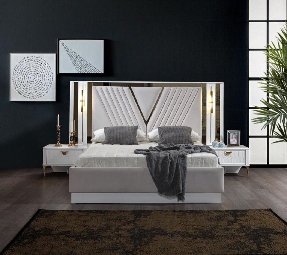 JVmoebel Bett Bett 2X Nachttisch Schlafzimmer Doppel Luxus weiß Design neu Modern (3-tlg)