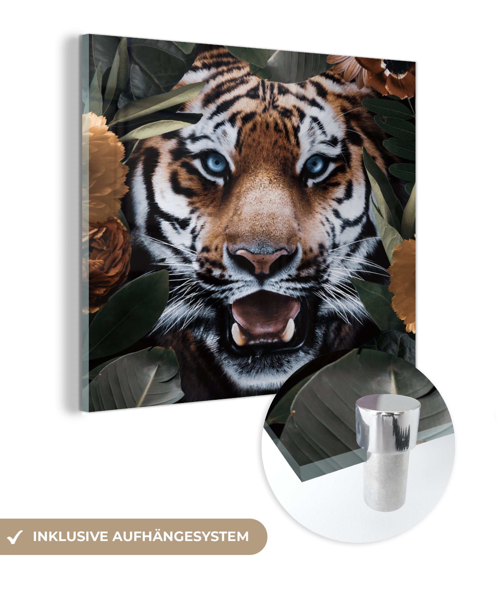 MuchoWow Acrylglasbild Tiger - Blatt - Tiere, (1 St), Glasbilder - Bilder auf Glas Wandbild - Foto auf Glas - Wanddekoration
