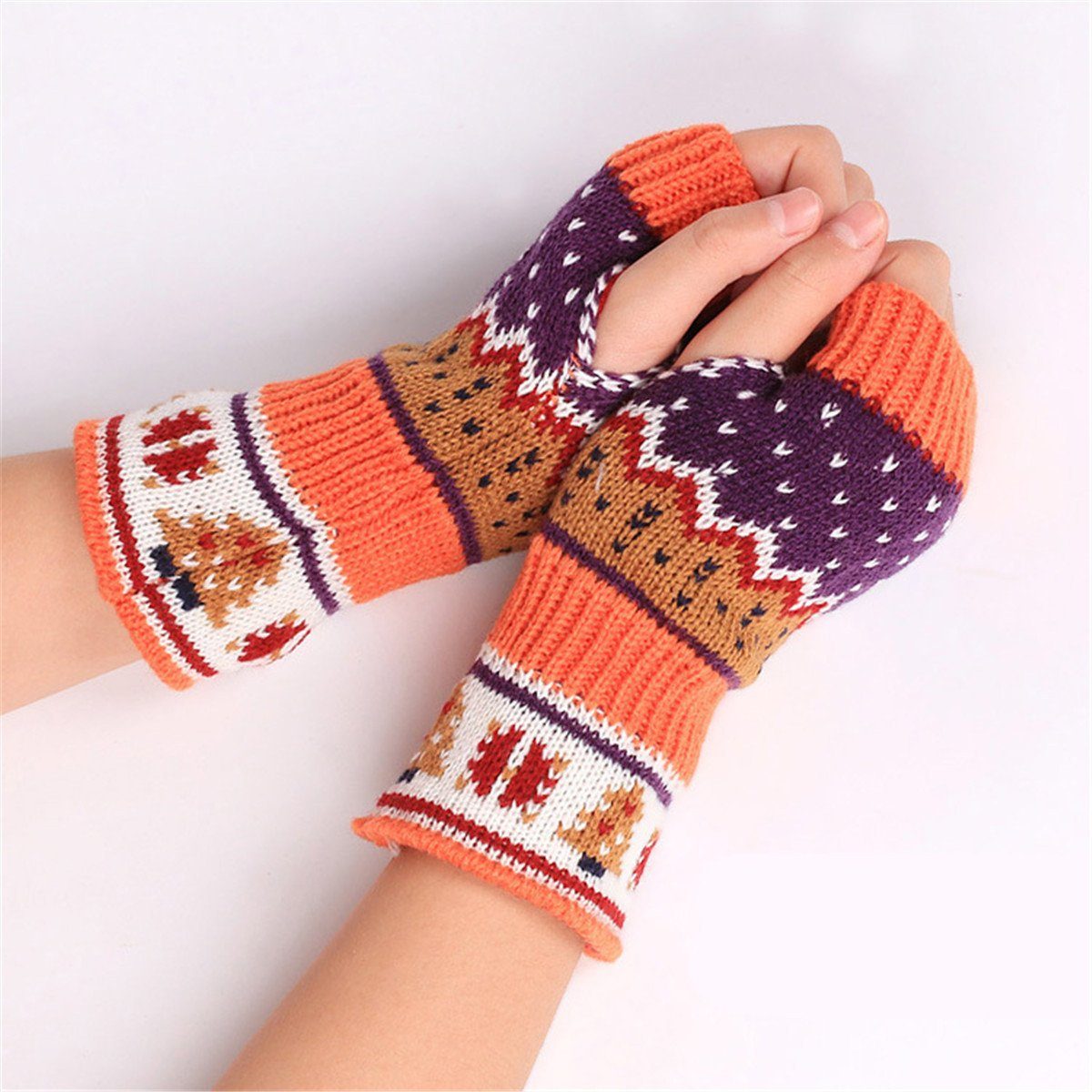 Die Sterne Trikot-Handschuhe Fingerlose Strickhandschuhe im skandinavischen Design, mehrfarbig orange