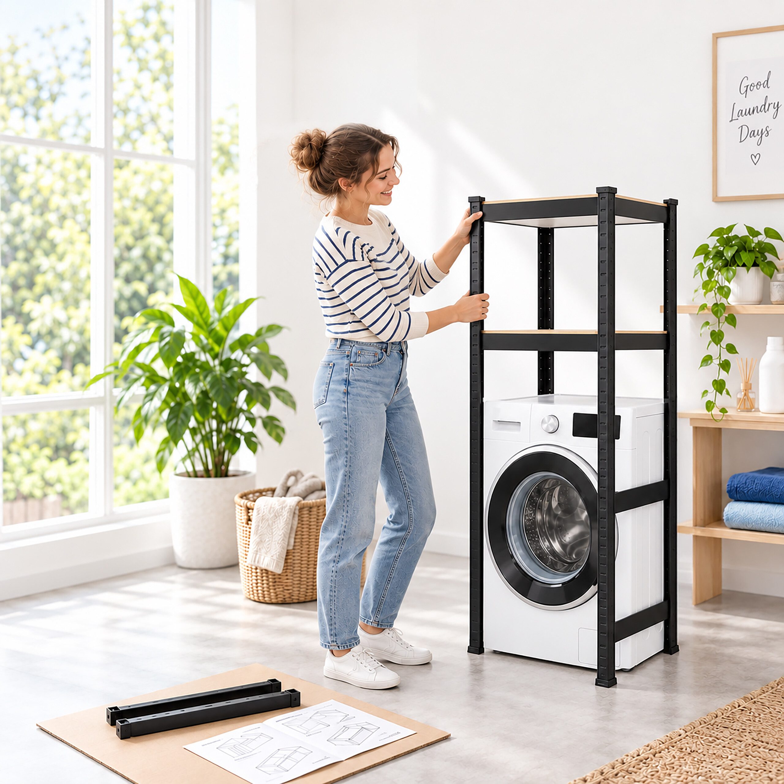 relaxdays Badregal Schwarzes Waschmaschinenregal Schwerlast, 1-tlg., 70 x 40 x 150 cm – Bild 3 von 5