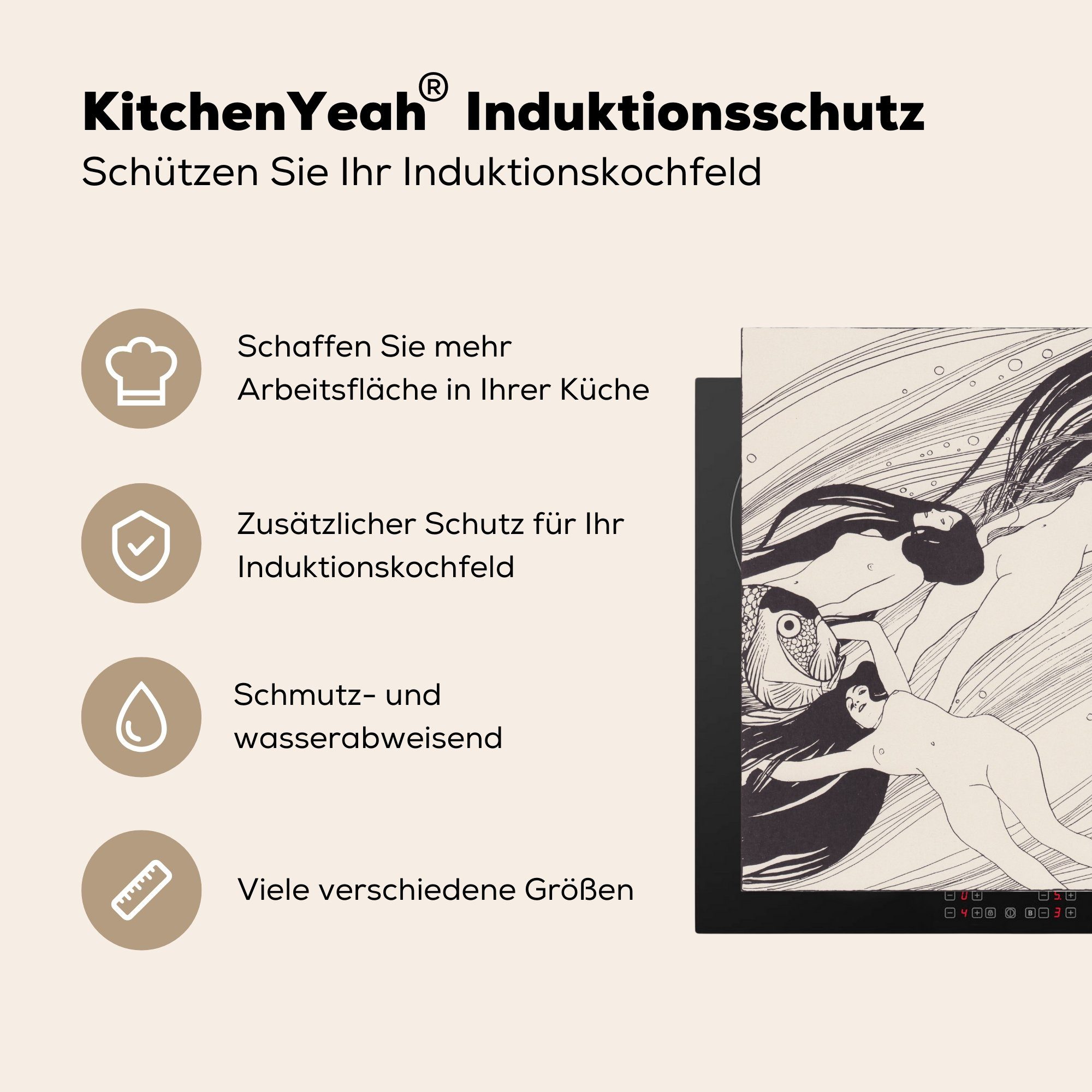 küche tlg), Vinyl, Fischblut Arbeitsplatte für Gustav Herdblende-/Abdeckplatte cm, 78x78 Ceranfeldabdeckung, MuchoWow Klimt, (1 von - Gemälde