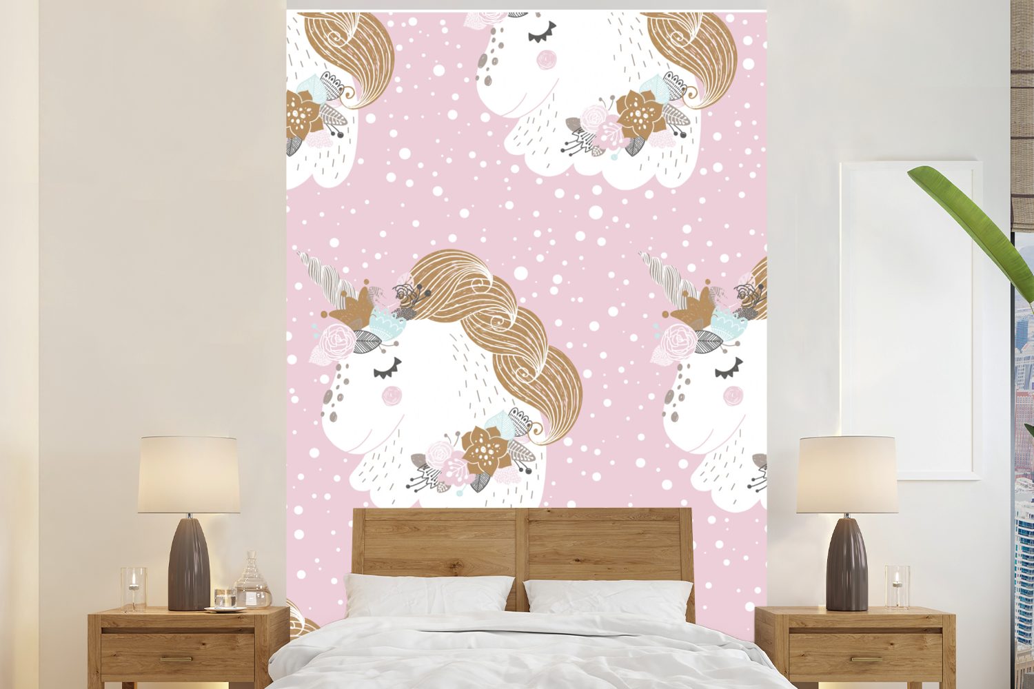 MuchoWow Fototapete Einhorn - Rosa - Kinder - Rosa - Mädchen - Baby - Mädchen, Matt, bedruckt, (3 St), Montagefertig Vinyl Tapete für Wohnzimmer, Wandtapete