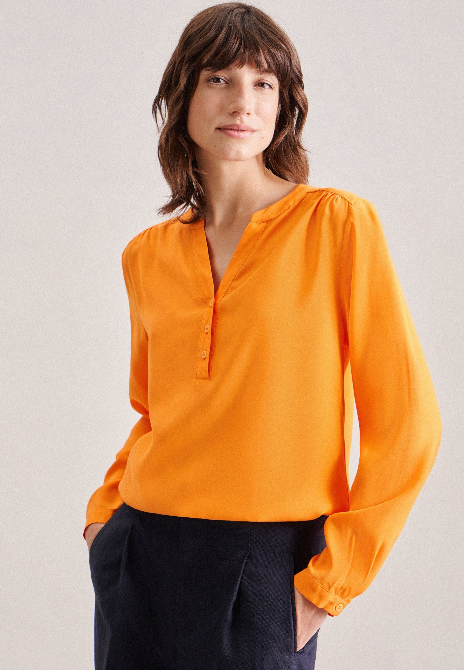 seidensticker Schlupfbluse Schwarze Uni Langarm Orange V-Neck Rose