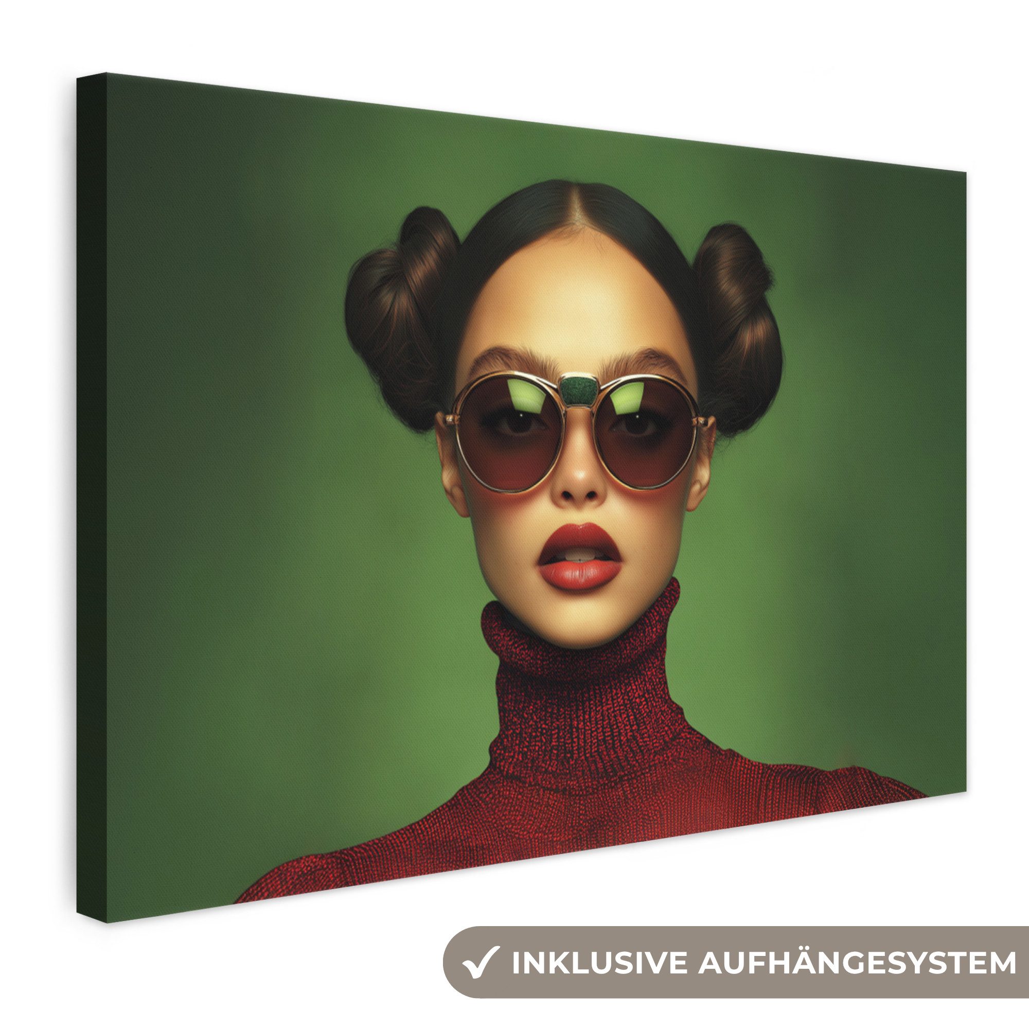 OneMillionCanvasses® Leinwandbild Frau - Grün - Brille - Ästhetisch - Modern, Fotodruck (1 St), Leinwand Bilder Klein, Wand Dekoration Aesthetic 30x20 cm