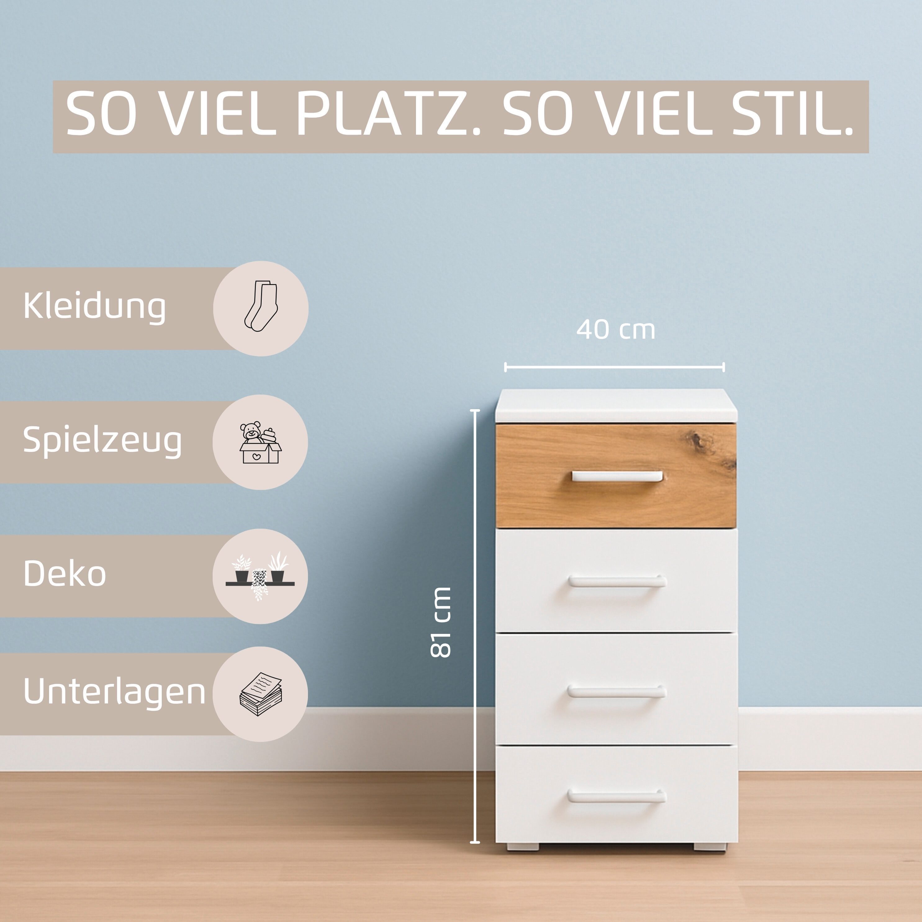 rauch Schubkastenkommode Sideboard Kommode Schubladenkommode BOSTON-EXTRA (Breite 40 cm, Höhe 81 cm), mit 4 geräumigen Schubladen, oberer mit Absetzung MADE IN GERMANY