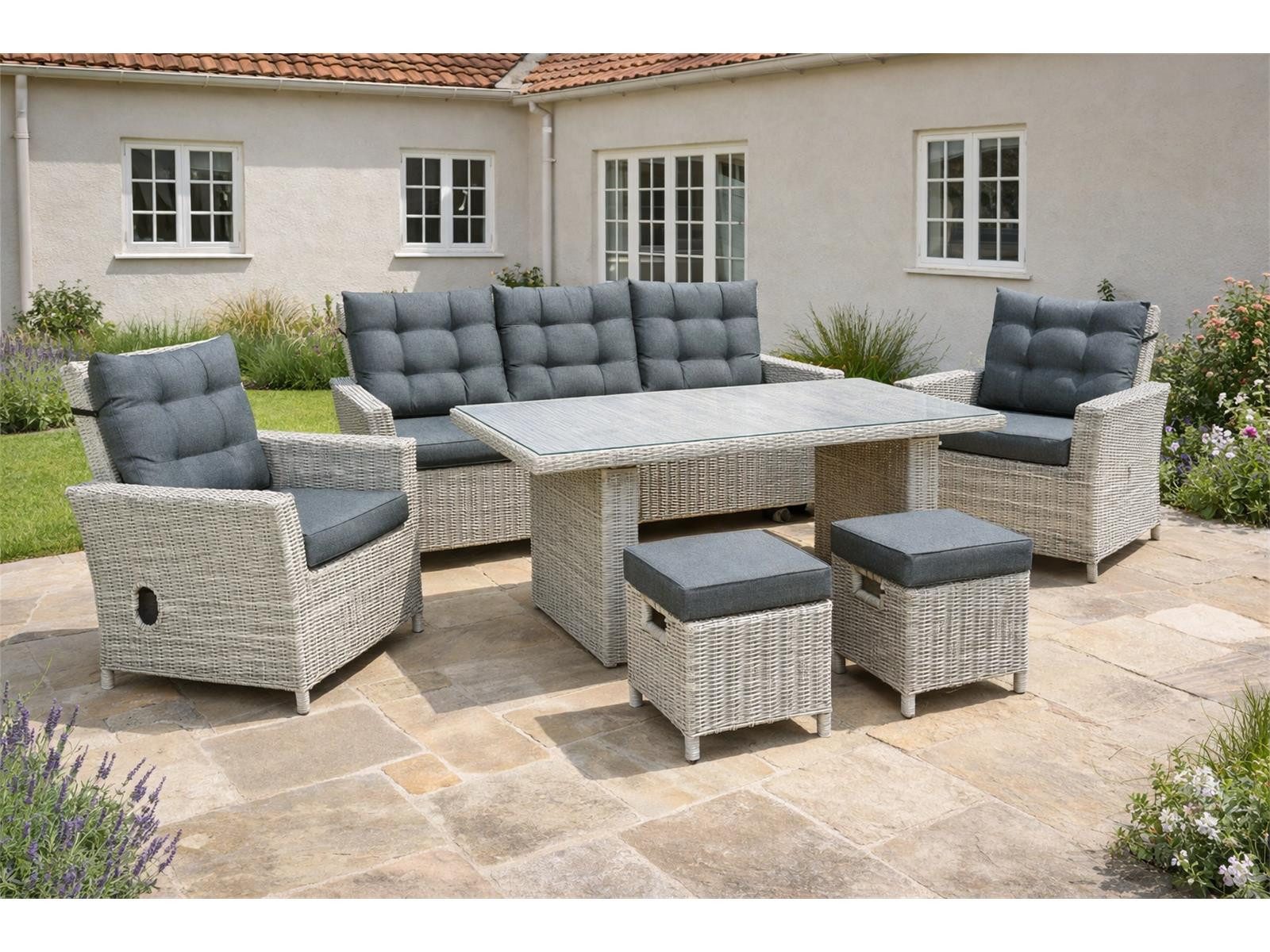 Green Spirit Loungeset Asti Dininglounge-Set 7 Personen Polyrattan grau-meliert, (Set, 6-tlg., 1 Sofa, 2 Sessel, 2 Hocker 1 Tisch, inkl. Auflagen), Polyrattan, grau, 7 Personen, wetterfest, Garten, Terrasse, Outdoor