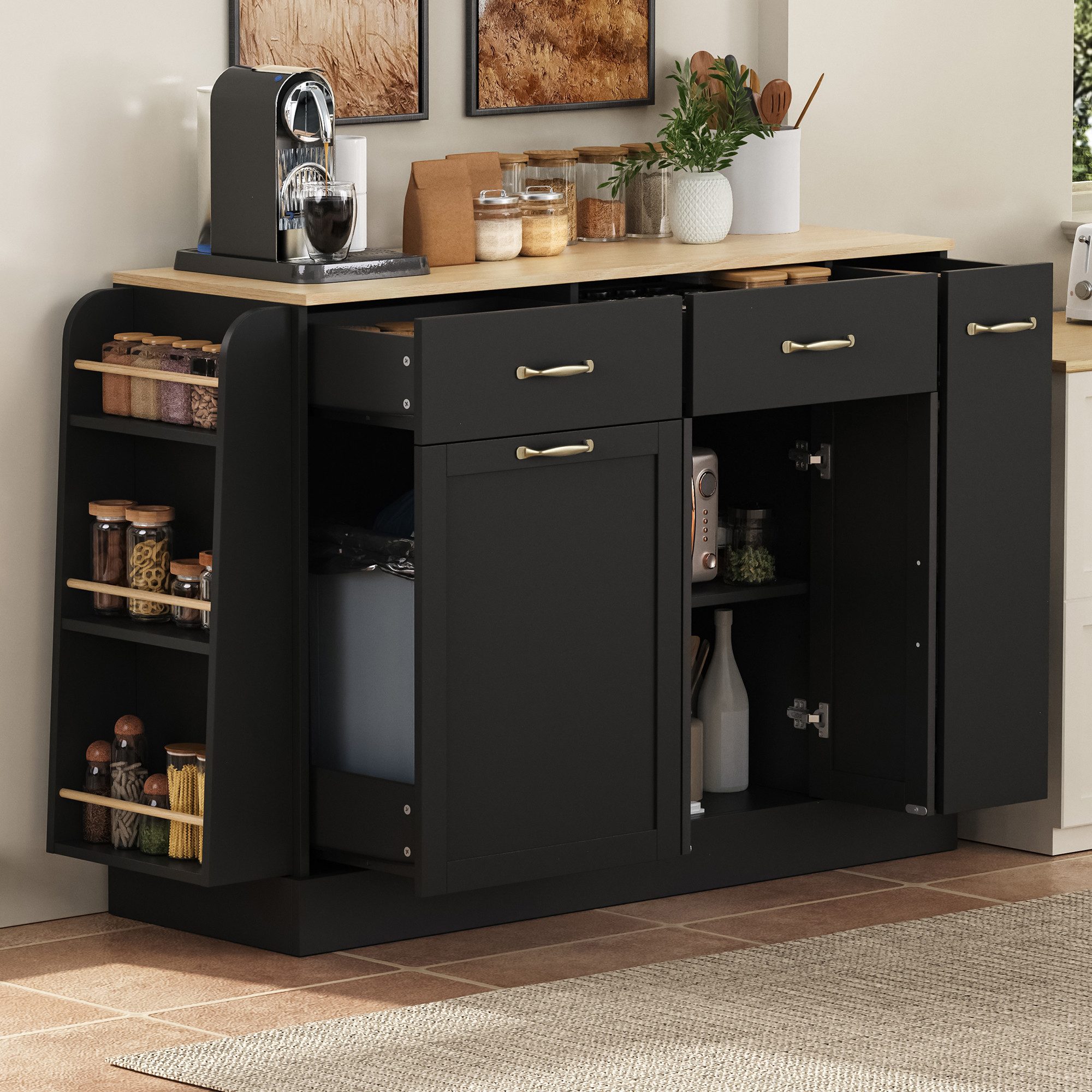 HAUSS SPOLE Sideboard mit Mülleimerfach,Küchenschrank mit Schubladen und Gewürzregal,Schwarz (Buffetschrank 133.5×40×86 mit Abfallbehälterfach), für Esszimmer oder Wohnzimmer