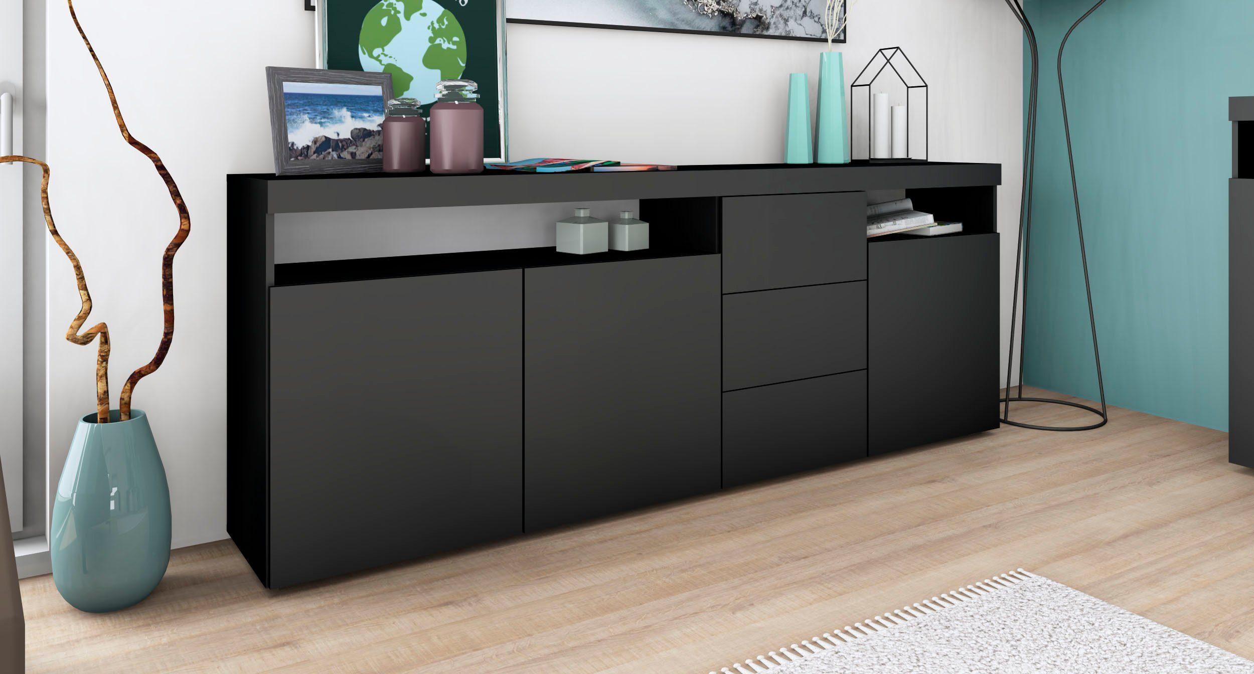 mit Breite 3 Sideboard 200 Kapstadt, schwarz Möbel Schubkästen cm matt borchardt