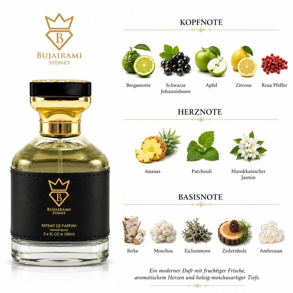 Bujairami Duft-Set Kingsman EDP – Fruchtig Holzig + Parfümzerstäuber (leer)