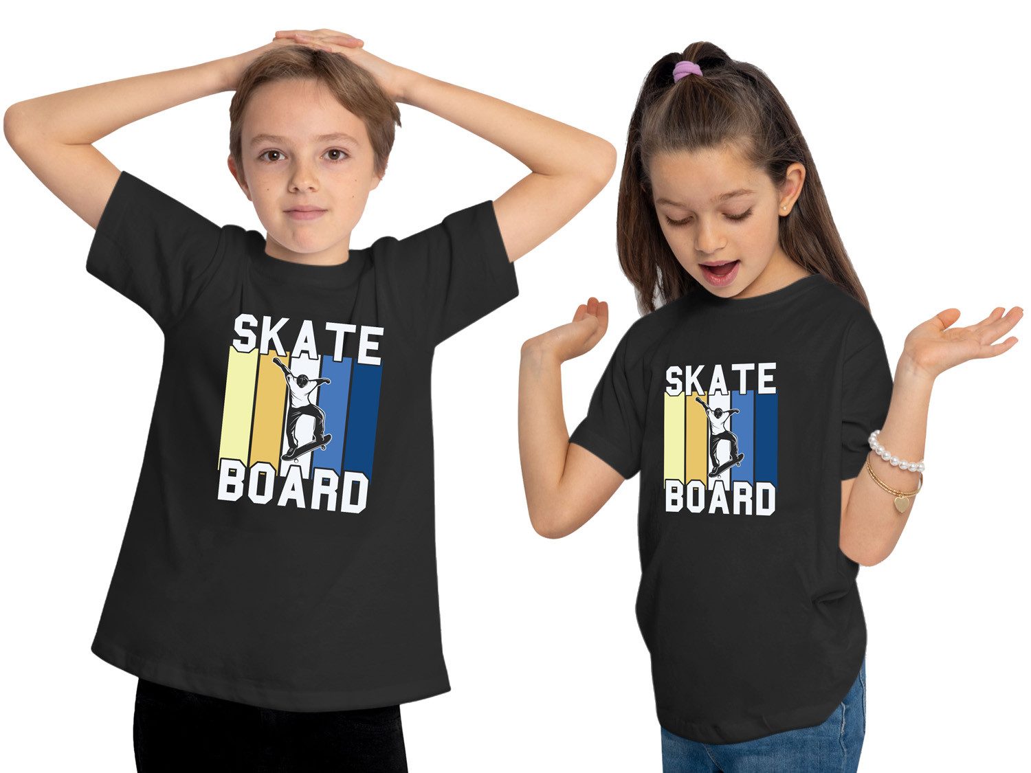MyDesign24 T-Shirt Kinder Print Shirt - Springender Skater mit Skateboard Schriftzug Bedrucktes Jungen und Mädchen Skater T-Shirt i522