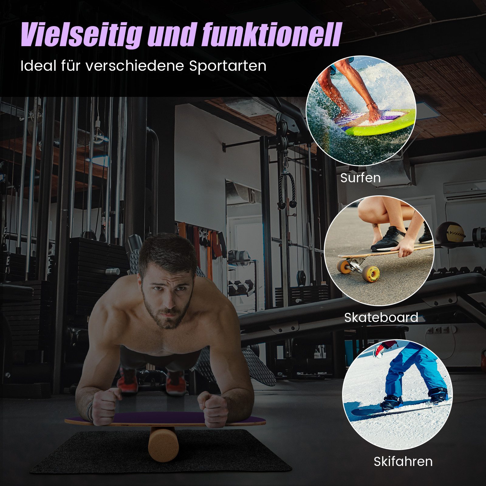 COSTWAY Balanceboard, aus Holz, für zuhause, inkl. Korkrolle, bis 227kg