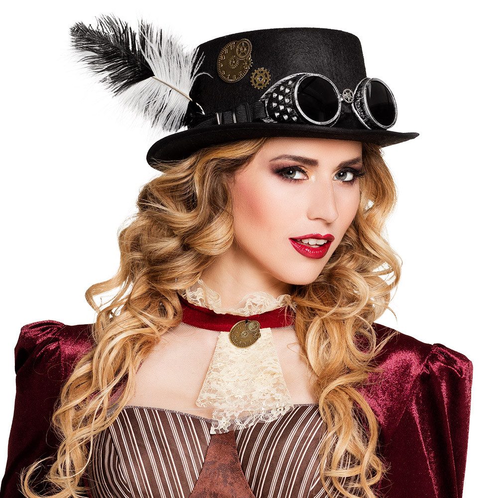 Boland Kostüm Steampunk Hut Specspunk schwarz mit Brille Feder Zylinder für Karneval, Размер 59 cm, retro-futuristisches Design